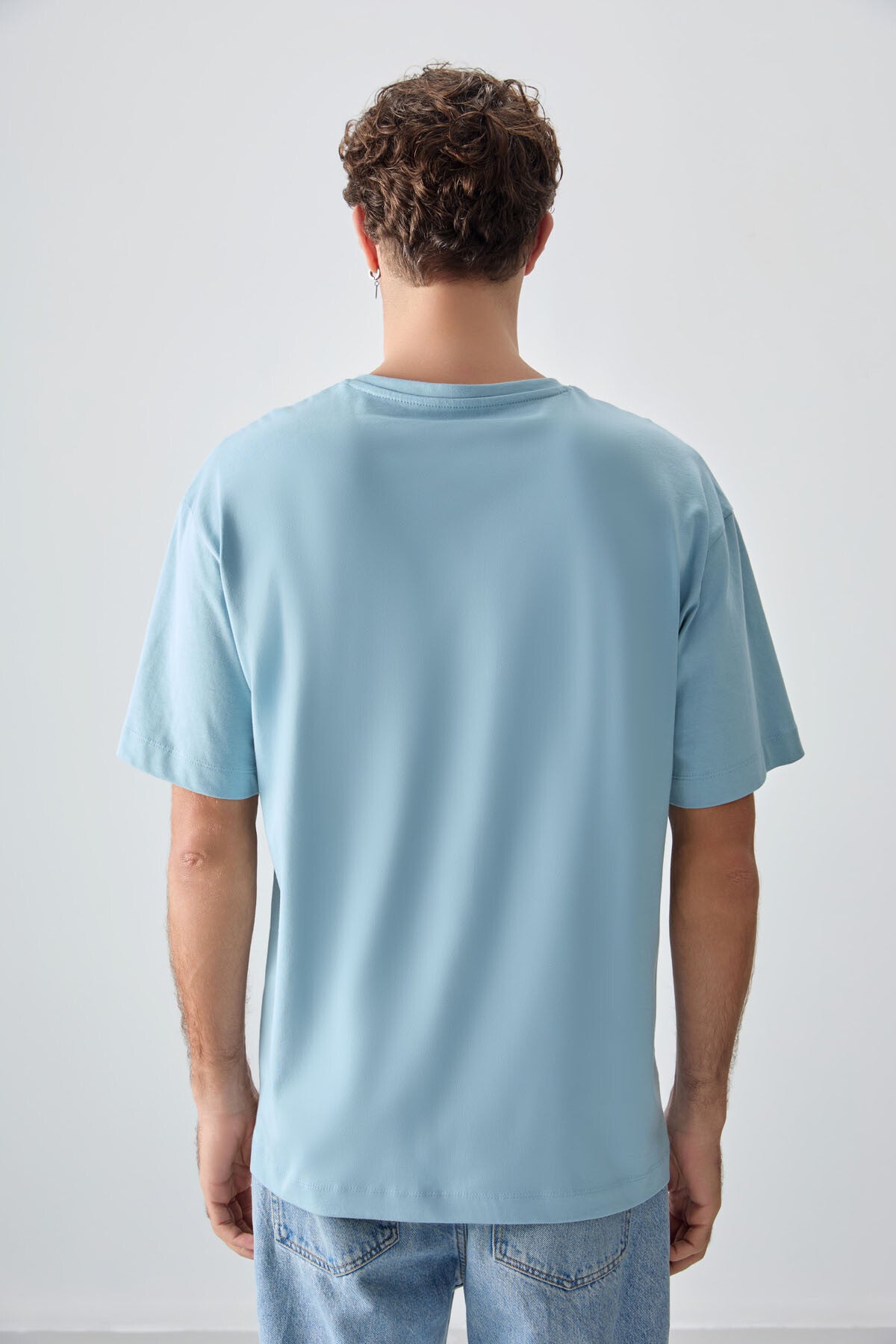 Image of Açık Mavi %100 Pamuk Kalın Yumuşak Dokulu Oversize Fit Baskılı Erkek T-Shirt - 88355