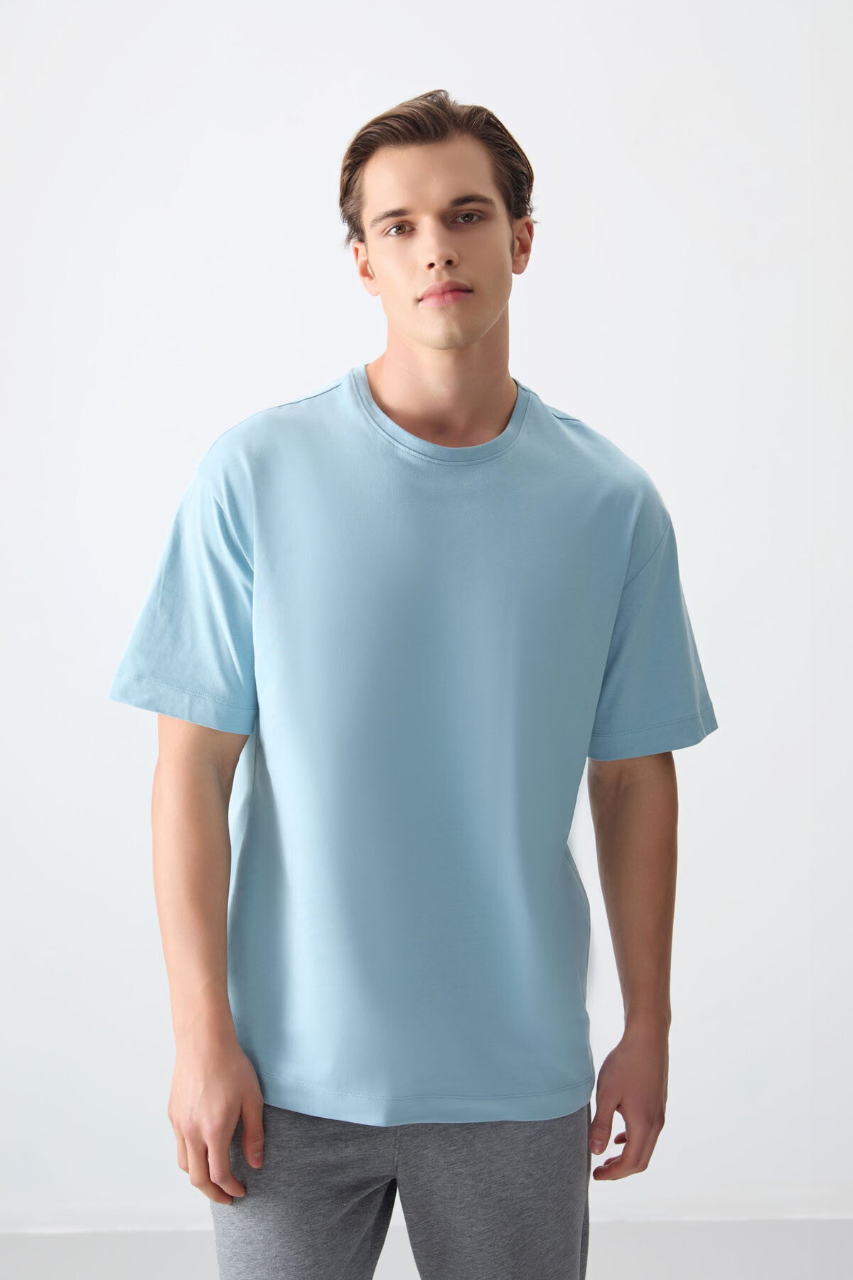 Image of Tricou bărbătesc albastru deschis, 100% bumbac, gros, texturat, supradimensionat, croială simplă - 88353