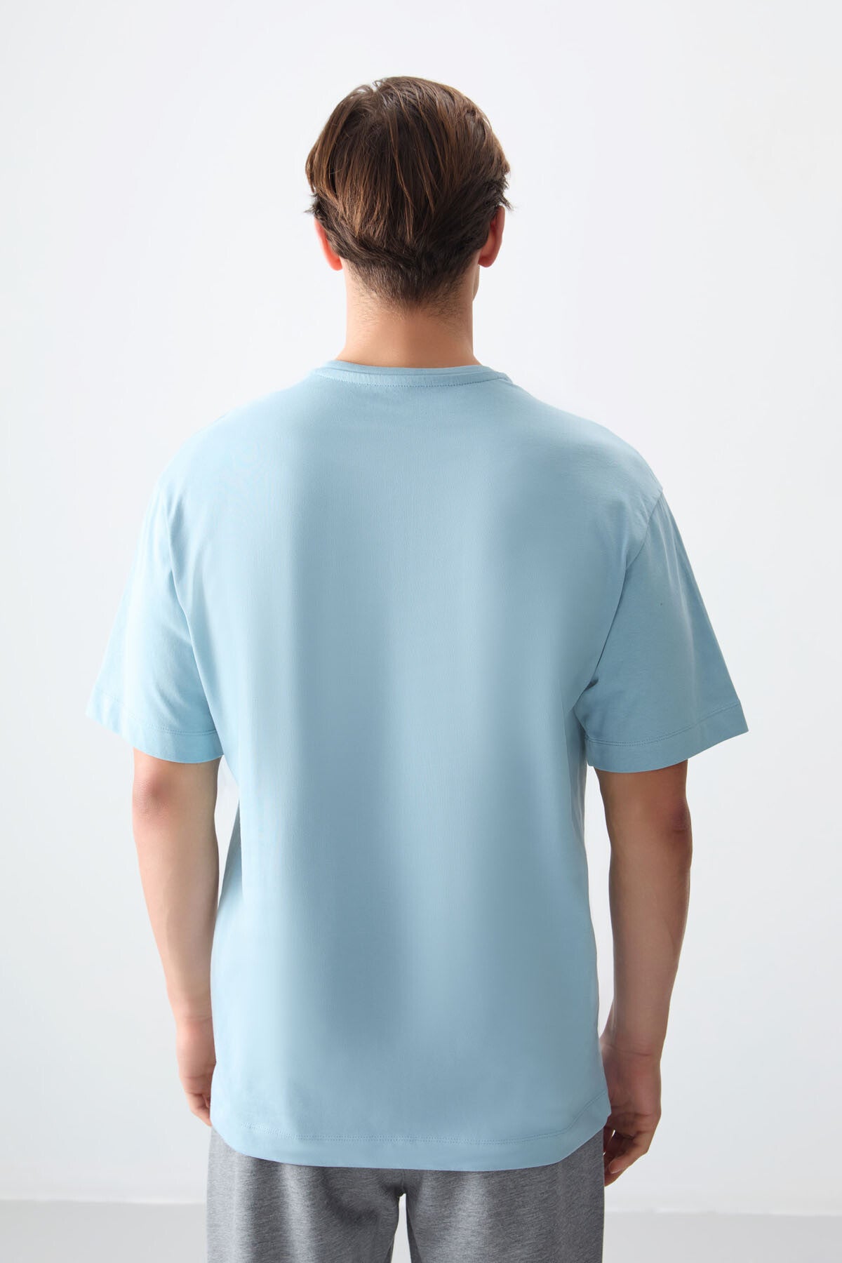 Image of Açık Mavi %100 Pamuk Kalın Yumuşak Dokulu Oversize Fit Basic Erkek T-Shirt - 88353