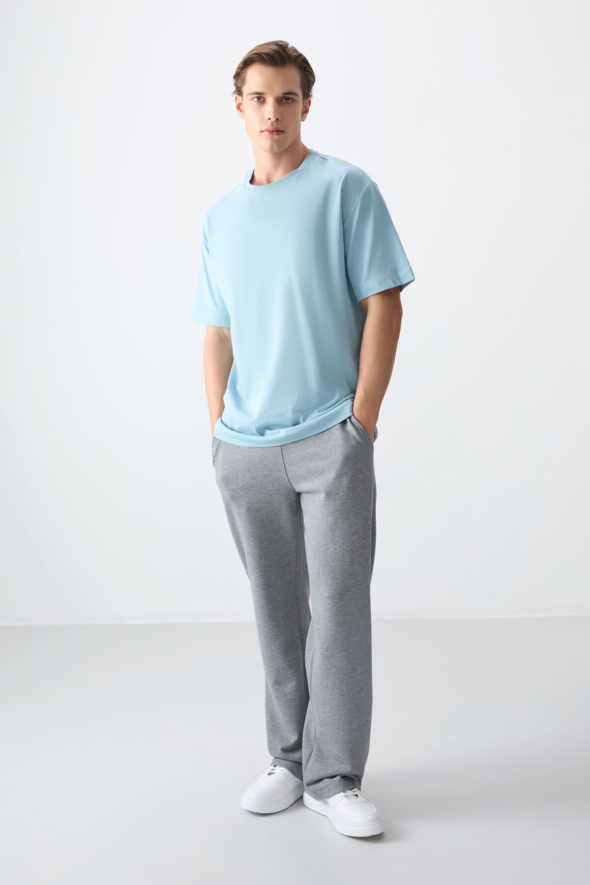 Image of Tricou bărbătesc albastru deschis, 100% bumbac, gros, texturat, supradimensionat, croială simplă - 88353