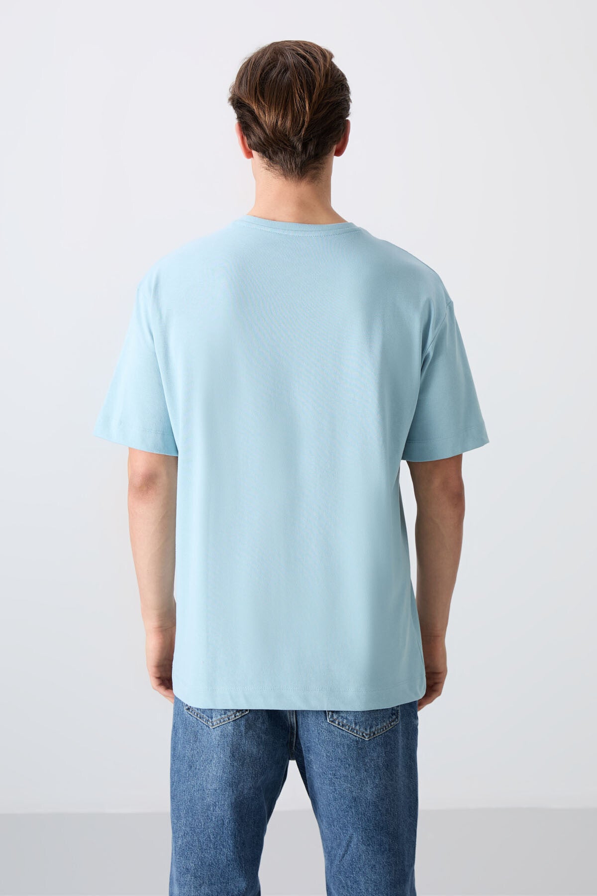 Image of Açık Mavi Pamuklu Kalın Yumuşak Dokulu Oversize Fit Baskılı Erkek T-Shirt - 88330