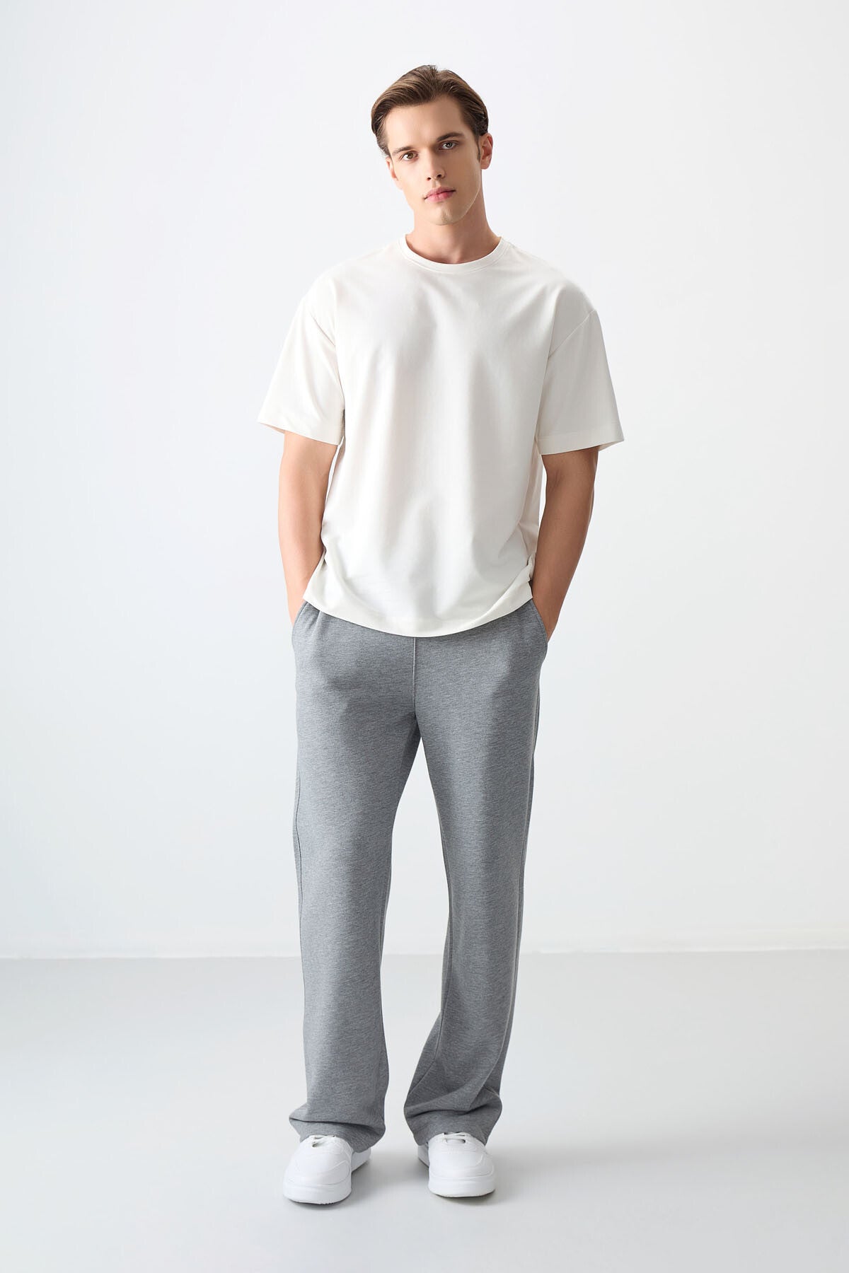Image of Tricou bărbătesc basic, alb-gălbui, din bumbac gros, texturat, supradimensionat, croială groasă - 88377