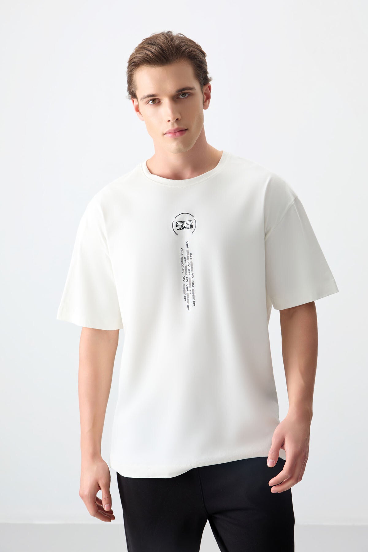 Image of Ekru %100 Pamuk Kalın Yumuşak Dokulu Oversize Fit Baskılı Erkek T-Shirt - 88355