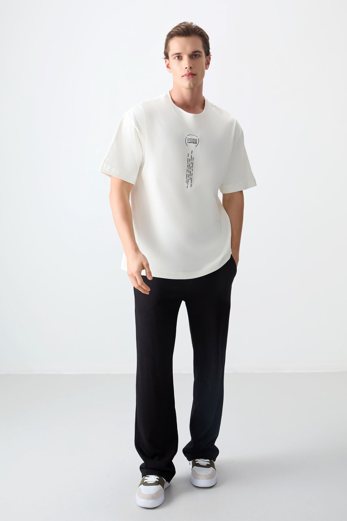 Image of Tricou bărbătesc alb-gălbui, 100% bumbac, gros, moale, texturat, croială supradimensionată, imprimat - 88355
