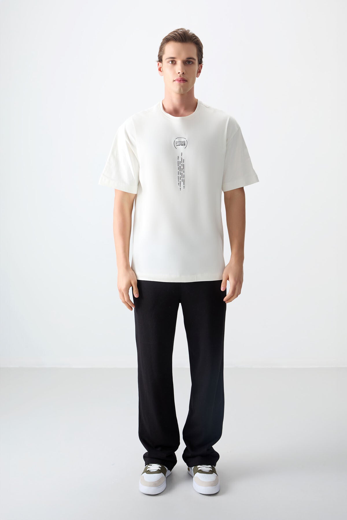 Image of Tricou bărbătesc alb-gălbui, 100% bumbac, gros, moale, texturat, croială supradimensionată, imprimat - 88355