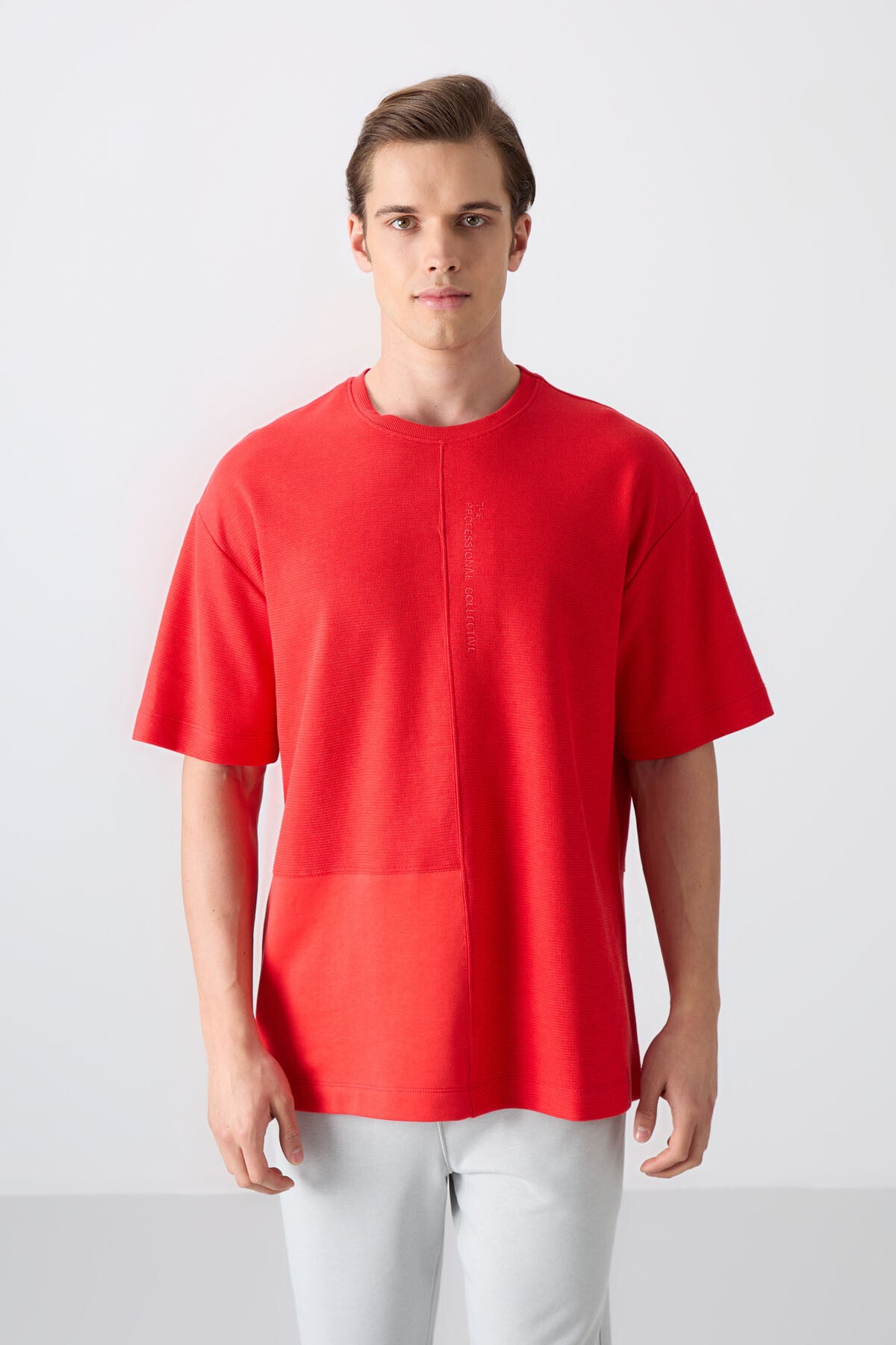 Image of Fiesta Pamuklu Kalın Yüzeyi Dokulu Oversize Fit Basic Erkek T-Shirt - 88337