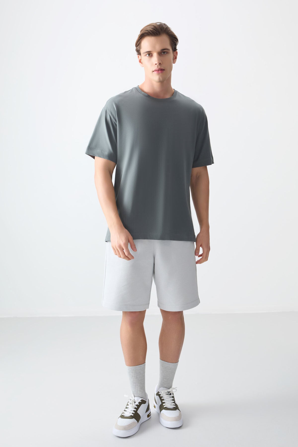 Image of Haki %100 Pamuk Kalın Yumuşak Dokulu Oversize Fit Basic Erkek T-Shirt - 88353