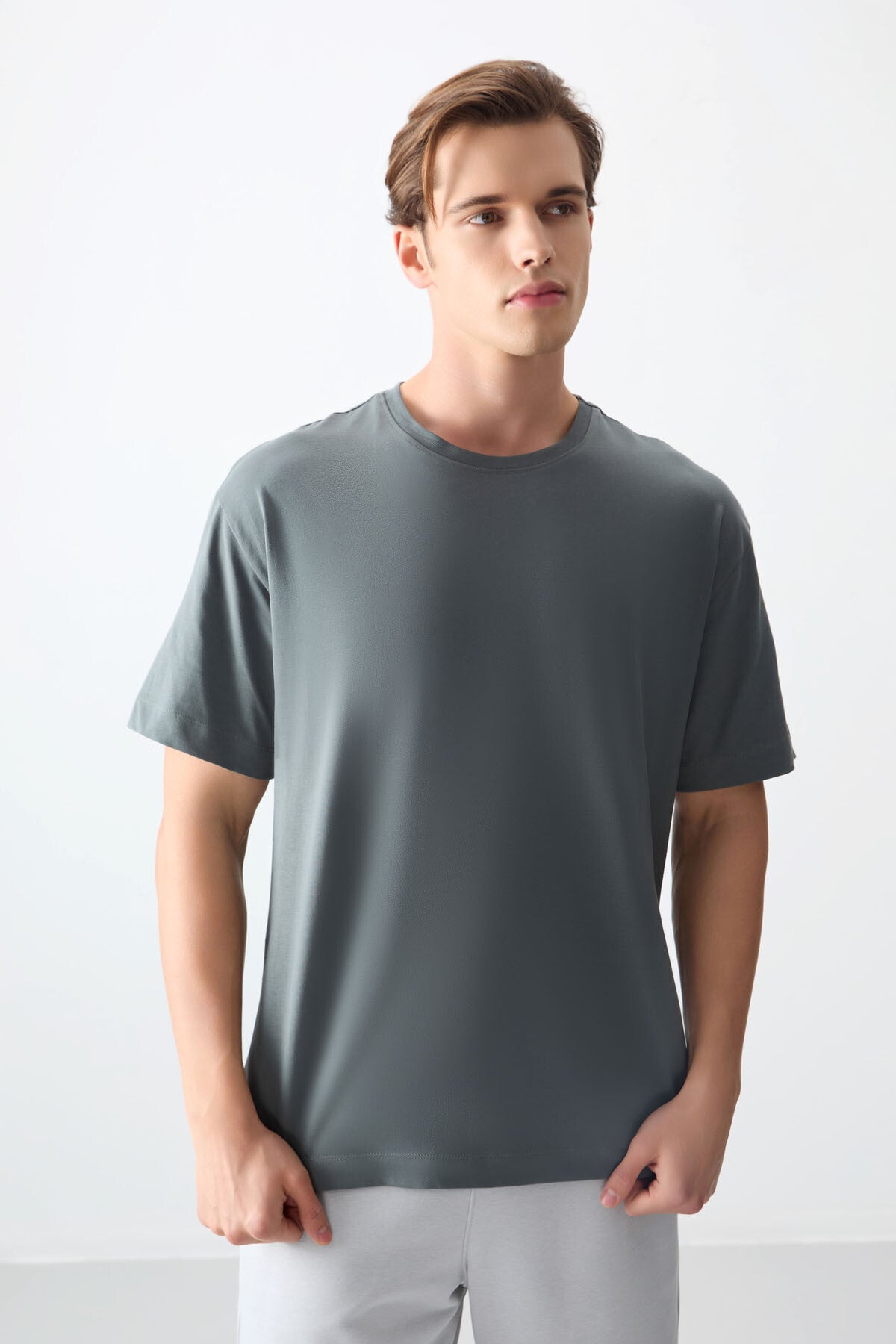 Image of Haki %100 Pamuk Kalın Yumuşak Dokulu Oversize Fit Basic Erkek T-Shirt - 88353