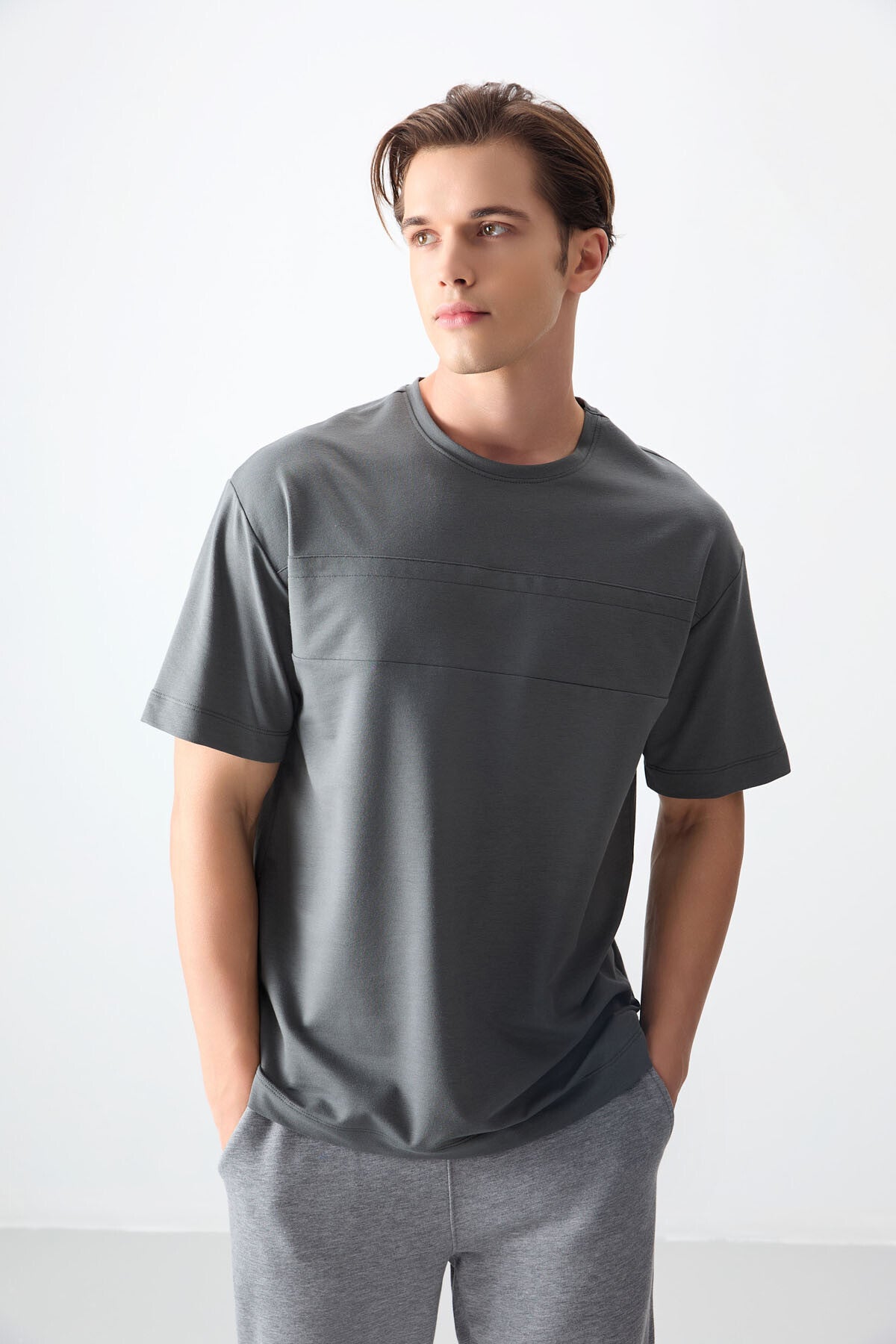 Image of Haki Pamuklu Kalın Yumuşak Dokulu Oversize Fit Basic Erkek T-Shirt - 88378