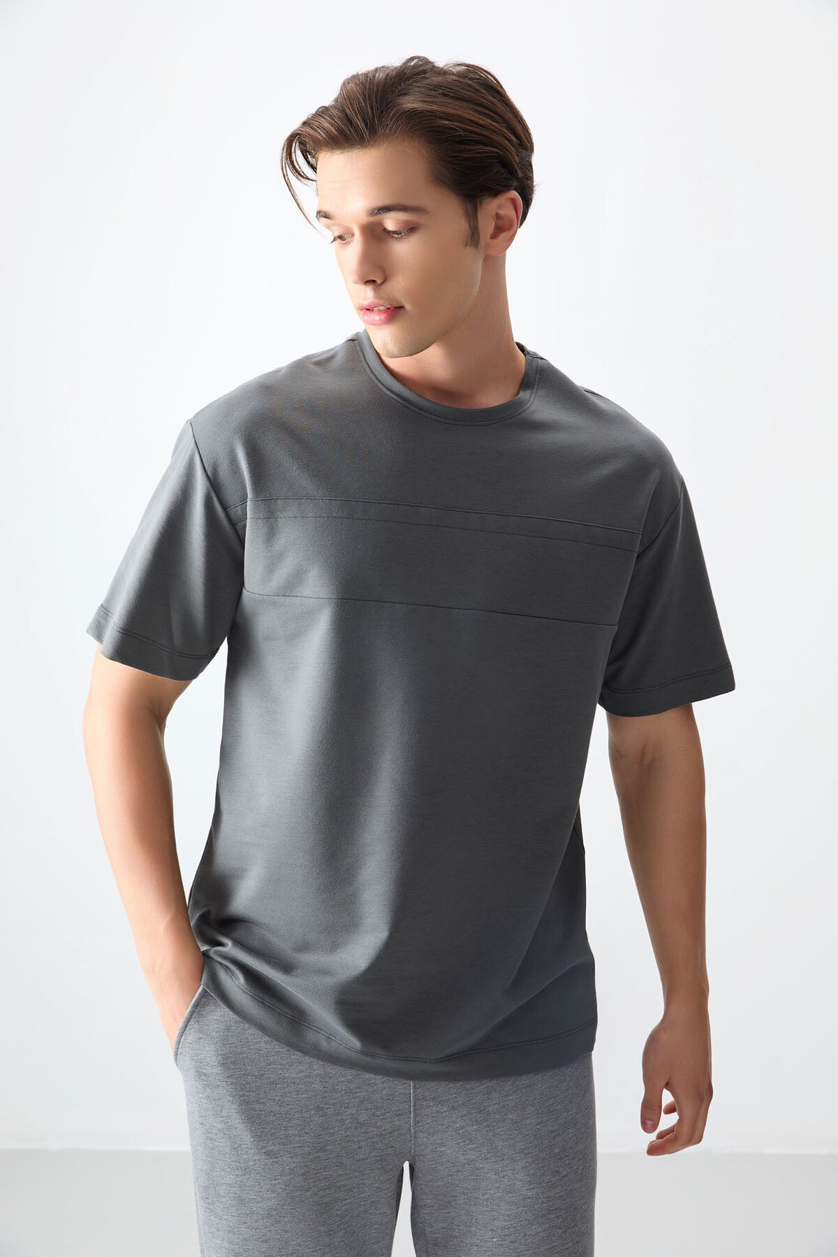 Image of Haki Pamuklu Kalın Yumuşak Dokulu Oversize Fit Basic Erkek T-Shirt - 88378