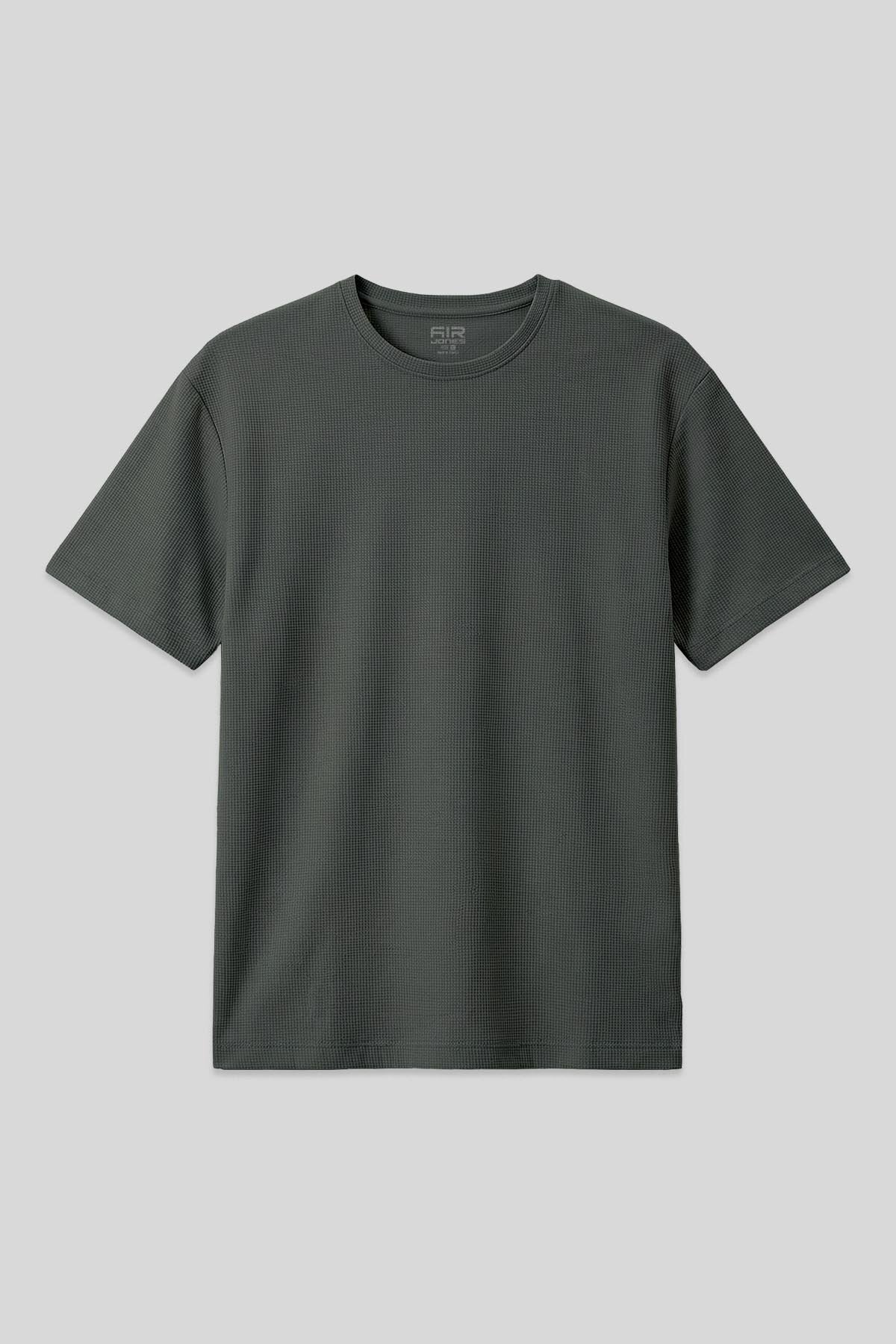 Image of Haki Waffle İnterlok Yüzeyi Dokulu Oversize Fit Basic Erkek T-Shirt - 88379