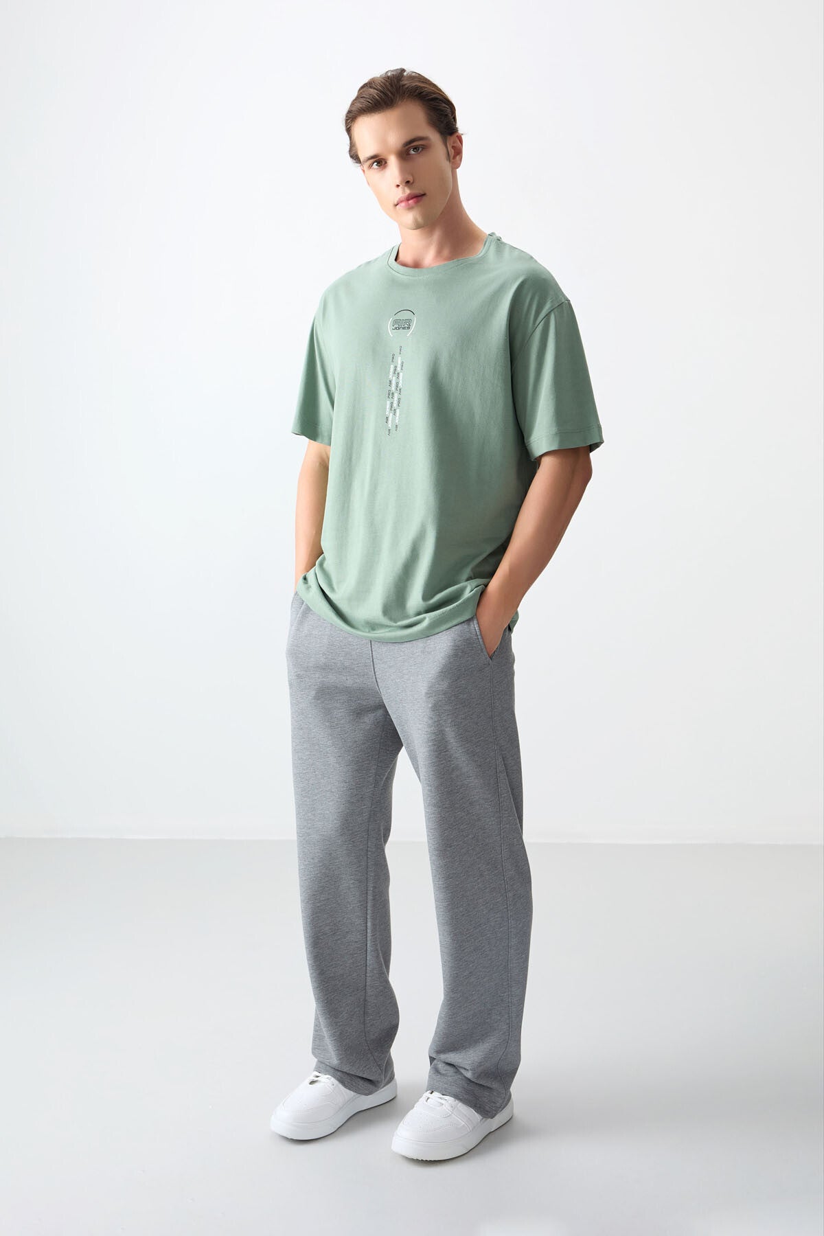 Image of Açık Yeşil %100 Pamuk Kalın Yumuşak Dokulu Oversize Fit Baskılı Erkek T-Shirt - 88355