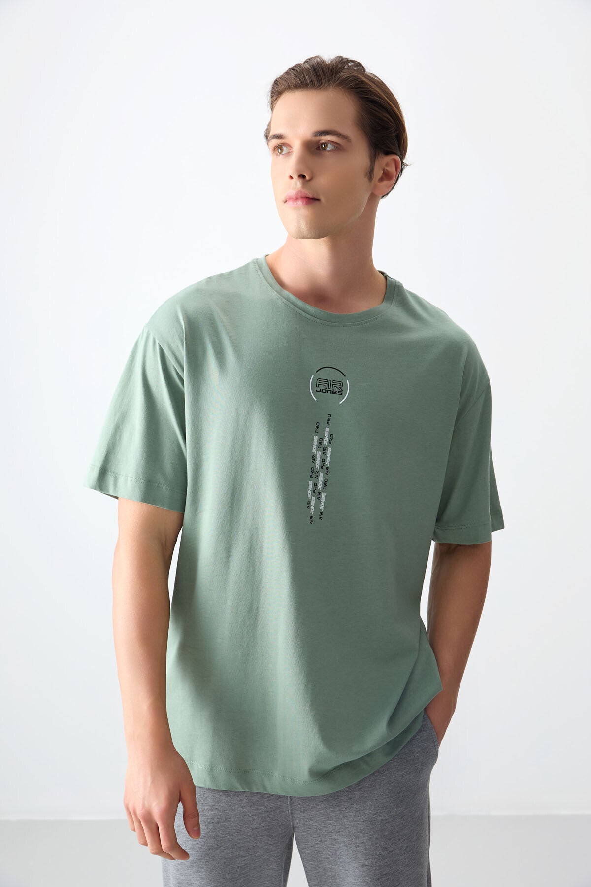 Image of Açık Yeşil %100 Pamuk Kalın Yumuşak Dokulu Oversize Fit Baskılı Erkek T-Shirt - 88355