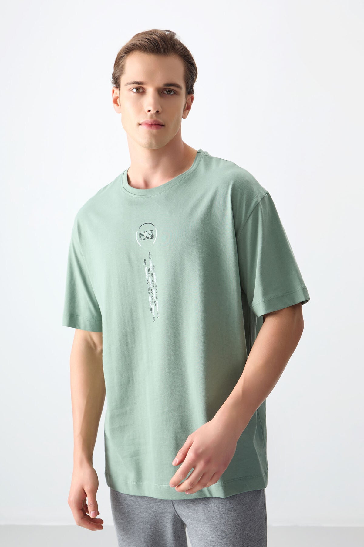 Image of Açık Yeşil %100 Pamuk Kalın Yumuşak Dokulu Oversize Fit Baskılı Erkek T-Shirt - 88355