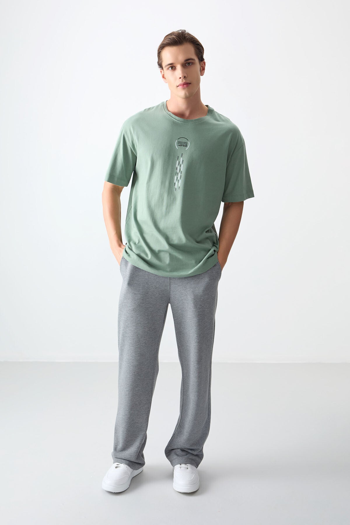 Image of Açık Yeşil %100 Pamuk Kalın Yumuşak Dokulu Oversize Fit Baskılı Erkek T-Shirt - 88355