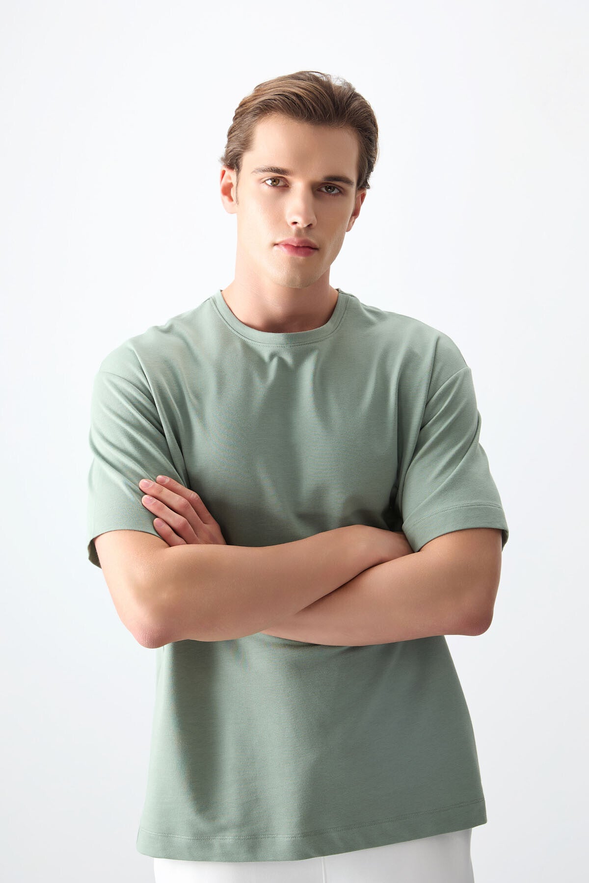 Image of Açık Yeşil Pamuklu Kalın Yumuşak Dokulu Oversize Fit Basic Erkek T-Shirt - 88377