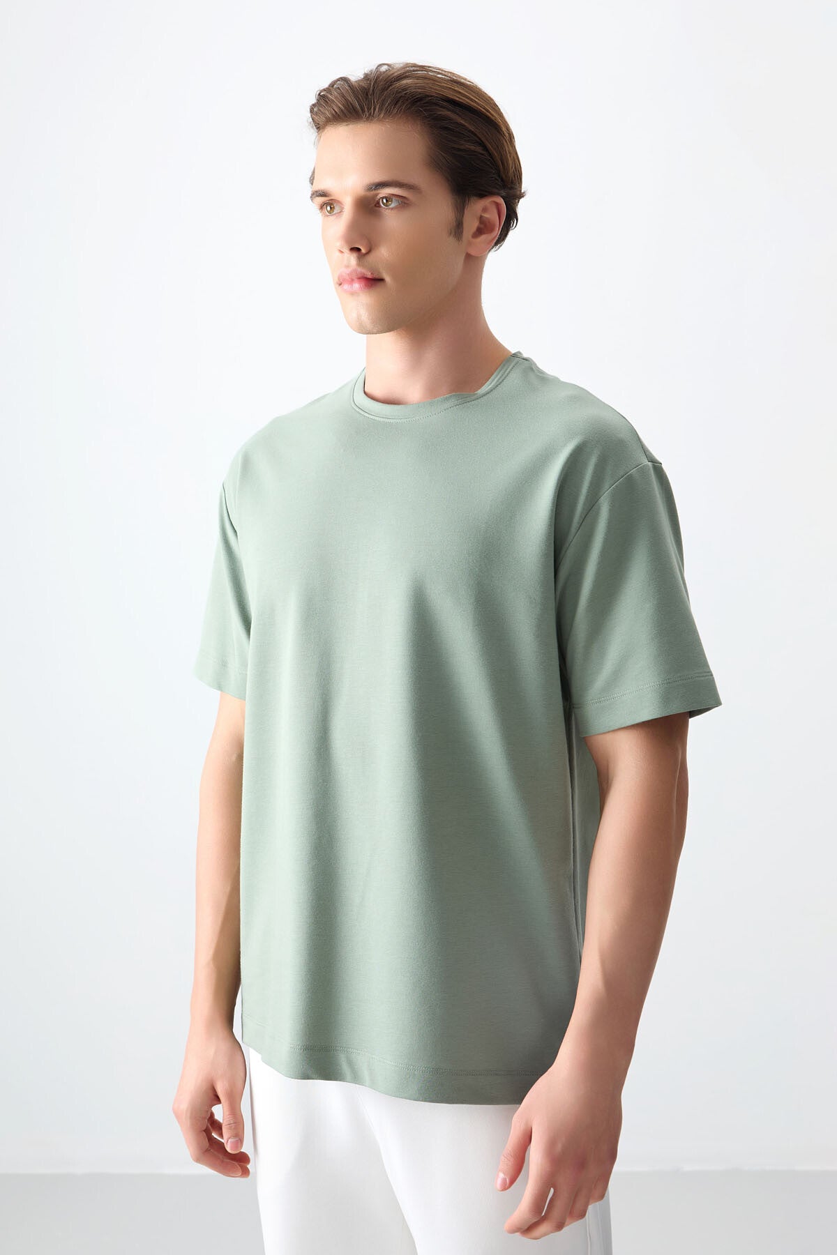 Image of Açık Yeşil Pamuklu Kalın Yumuşak Dokulu Oversize Fit Basic Erkek T-Shirt - 88377