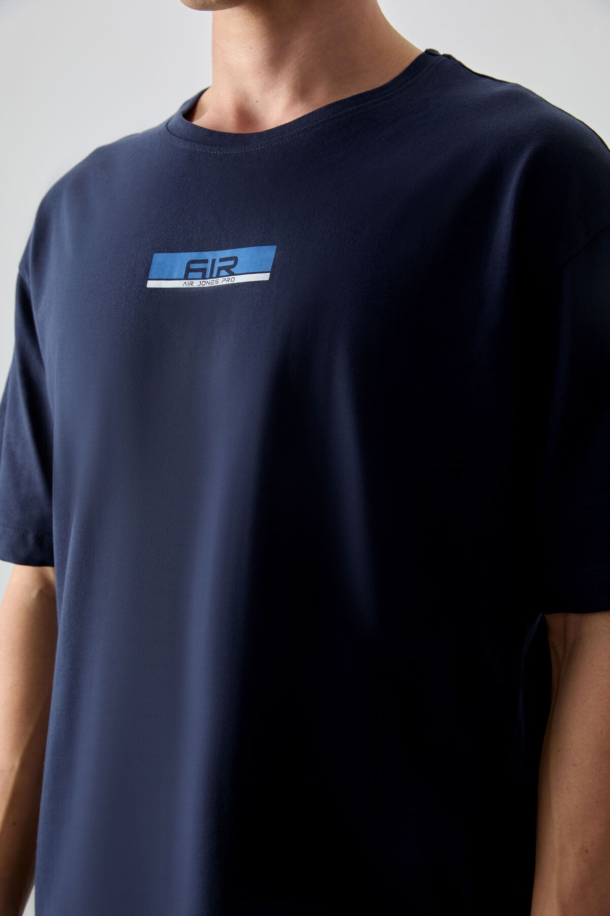 Image of Lacivert %100 Pamuk Kalın Yumuşak Dokulu Oversize Fit Baskılı Erkek T-Shirt - 88359