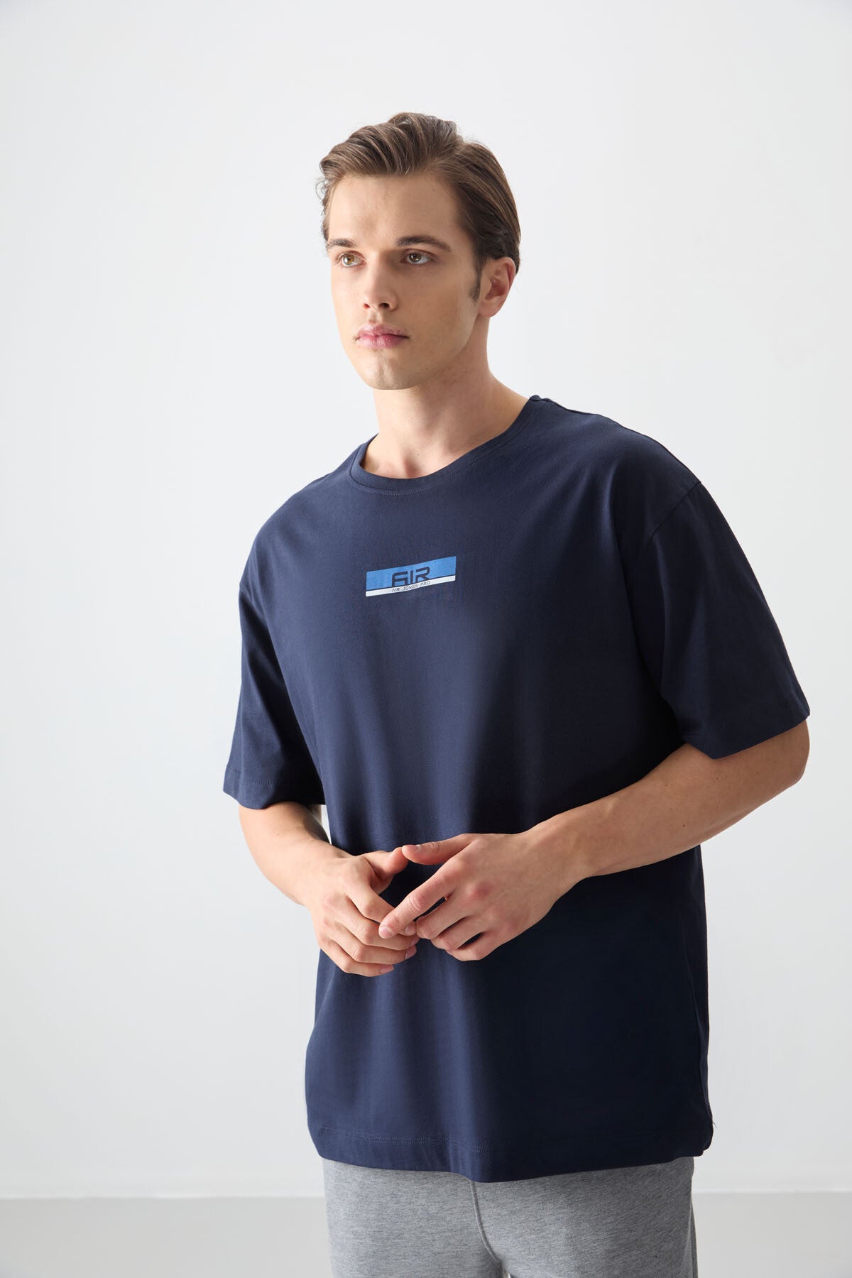 Image of Lacivert %100 Pamuk Kalın Yumuşak Dokulu Oversize Fit Baskılı Erkek T-Shirt - 88359