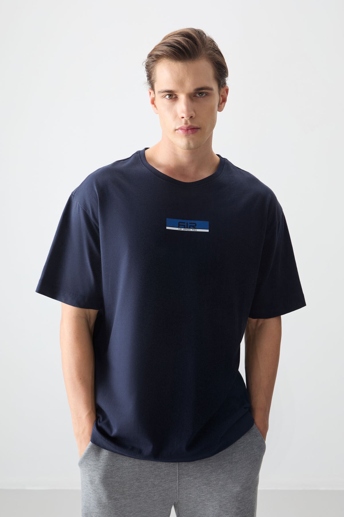 Image of Lacivert %100 Pamuk Kalın Yumuşak Dokulu Oversize Fit Baskılı Erkek T-Shirt - 88359