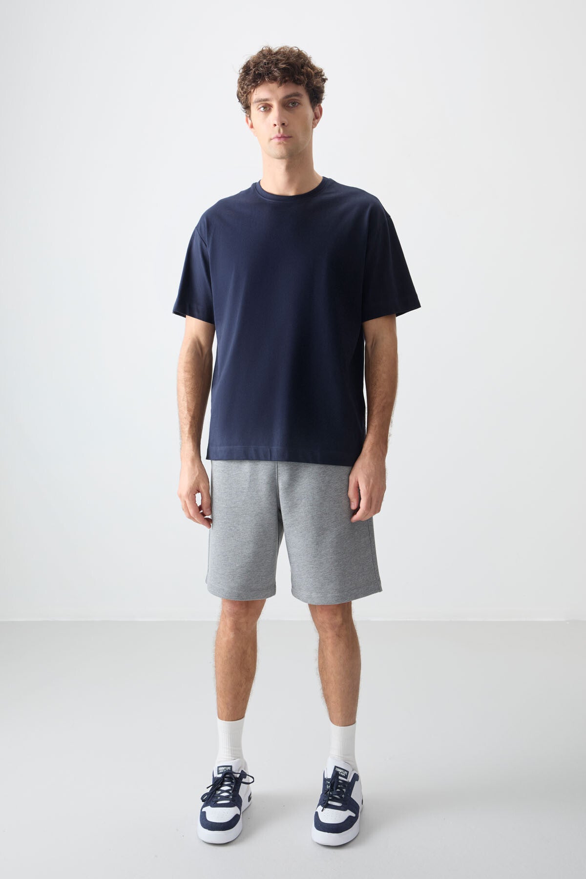 Image of Lacivert %100 Pamuk Kalın Yumuşak Dokulu Oversize Fit Basic Erkek T-Shirt - 88353