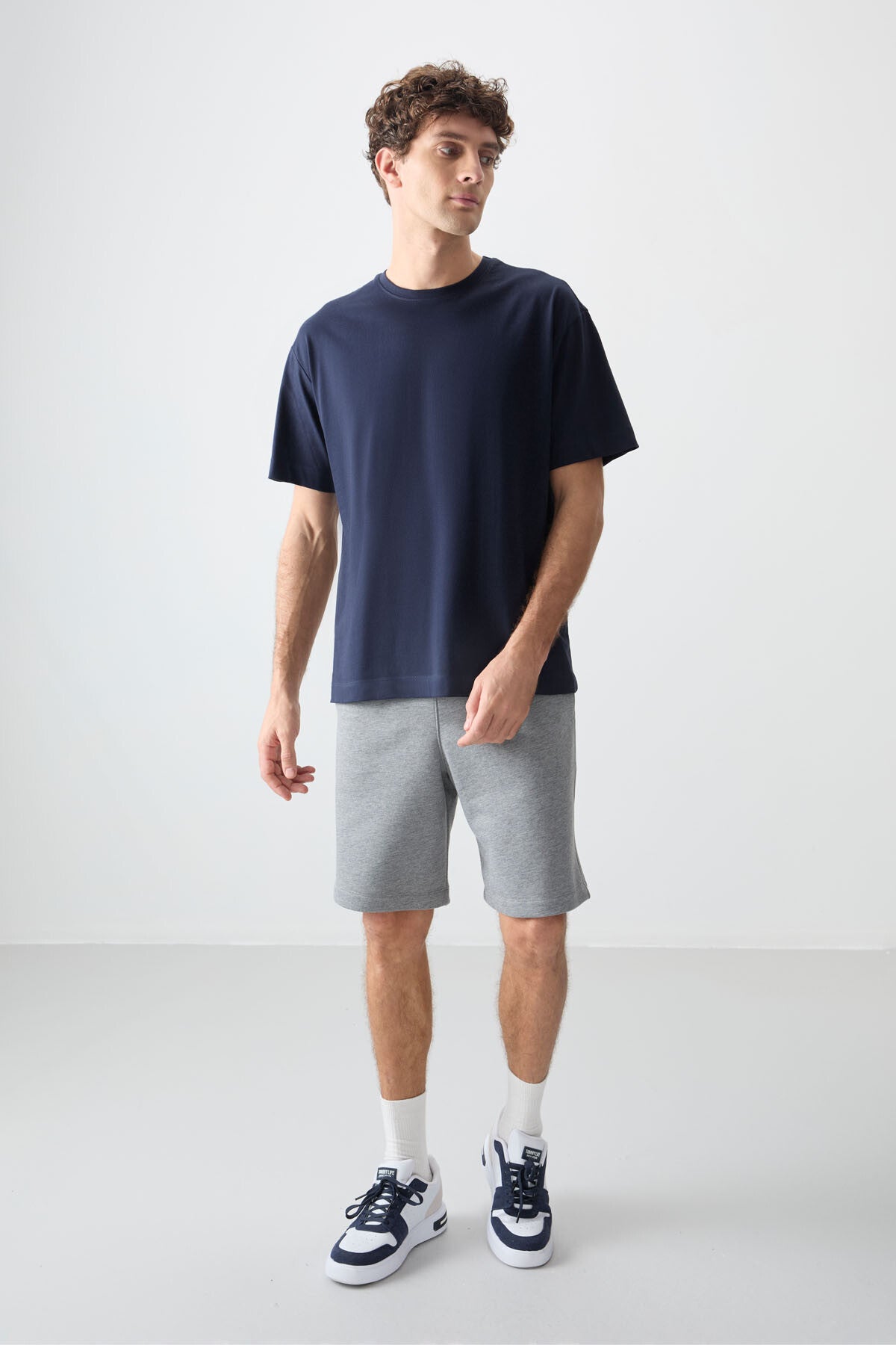 Image of Lacivert %100 Pamuk Kalın Yumuşak Dokulu Oversize Fit Basic Erkek T-Shirt - 88353