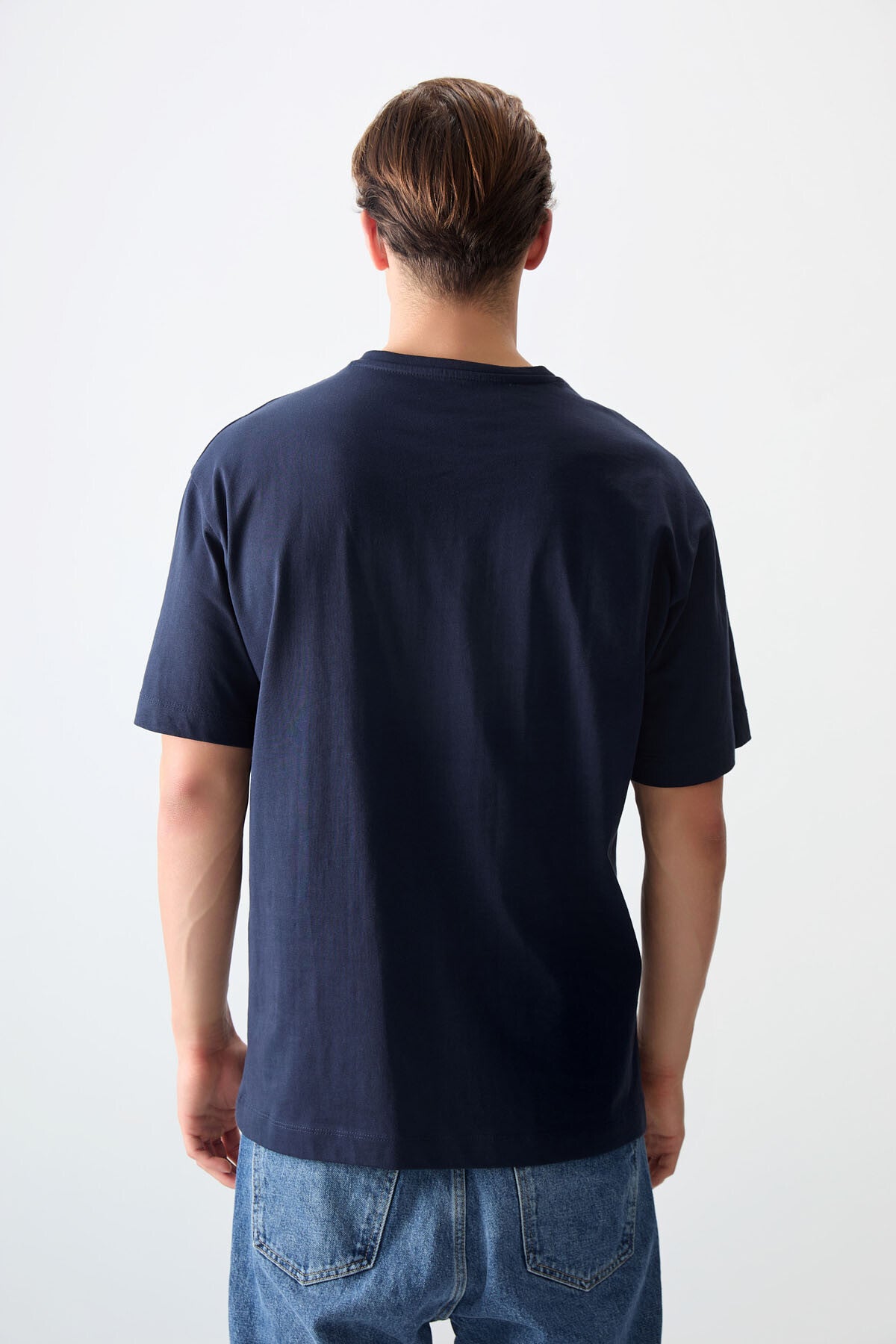 Image of Lacivert %100 Pamuk Kalın Yumuşak Dokulu Oversize Fit Baskılı Erkek T-Shirt - 88356
