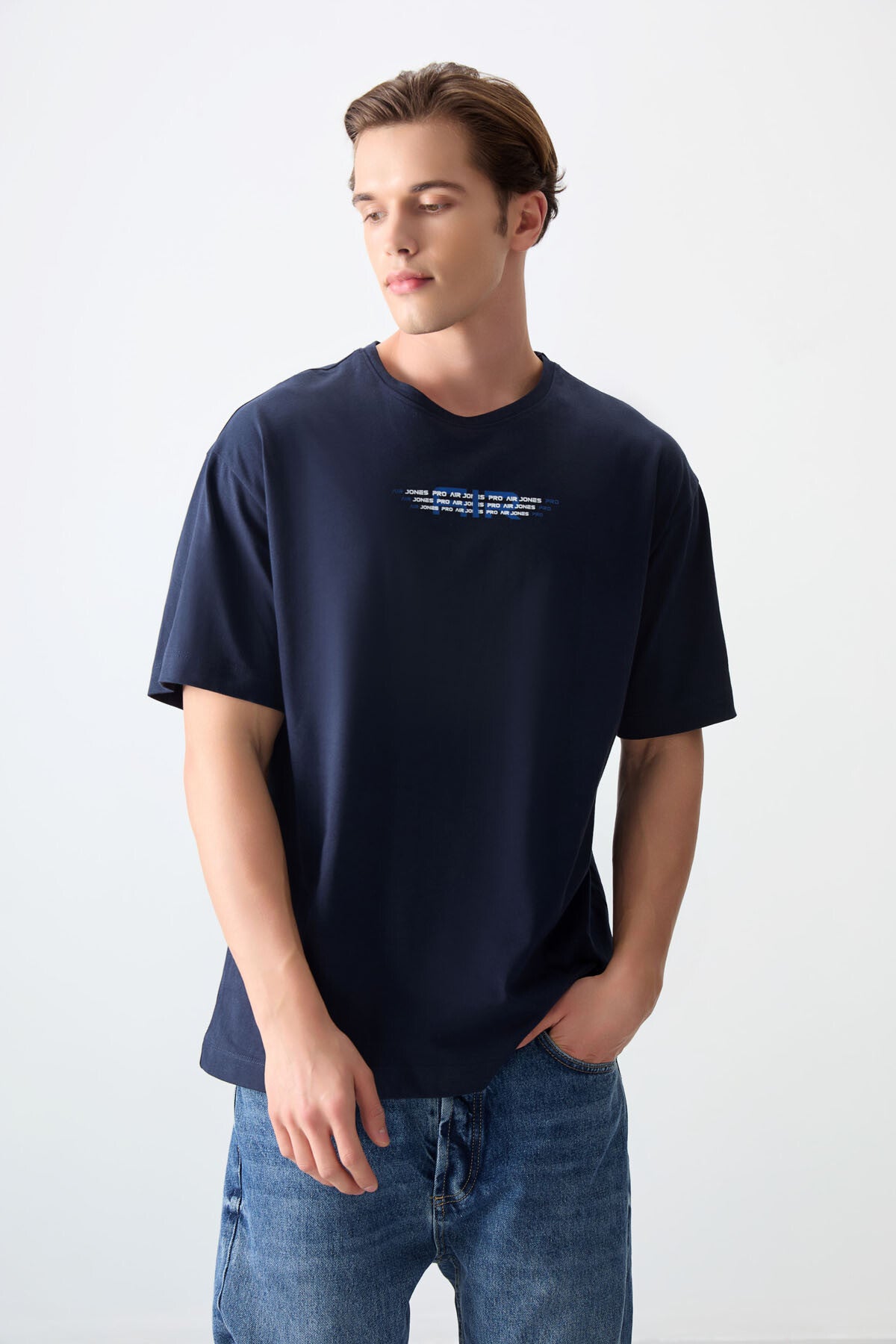 Image of Lacivert %100 Pamuk Kalın Yumuşak Dokulu Oversize Fit Baskılı Erkek T-Shirt - 88356