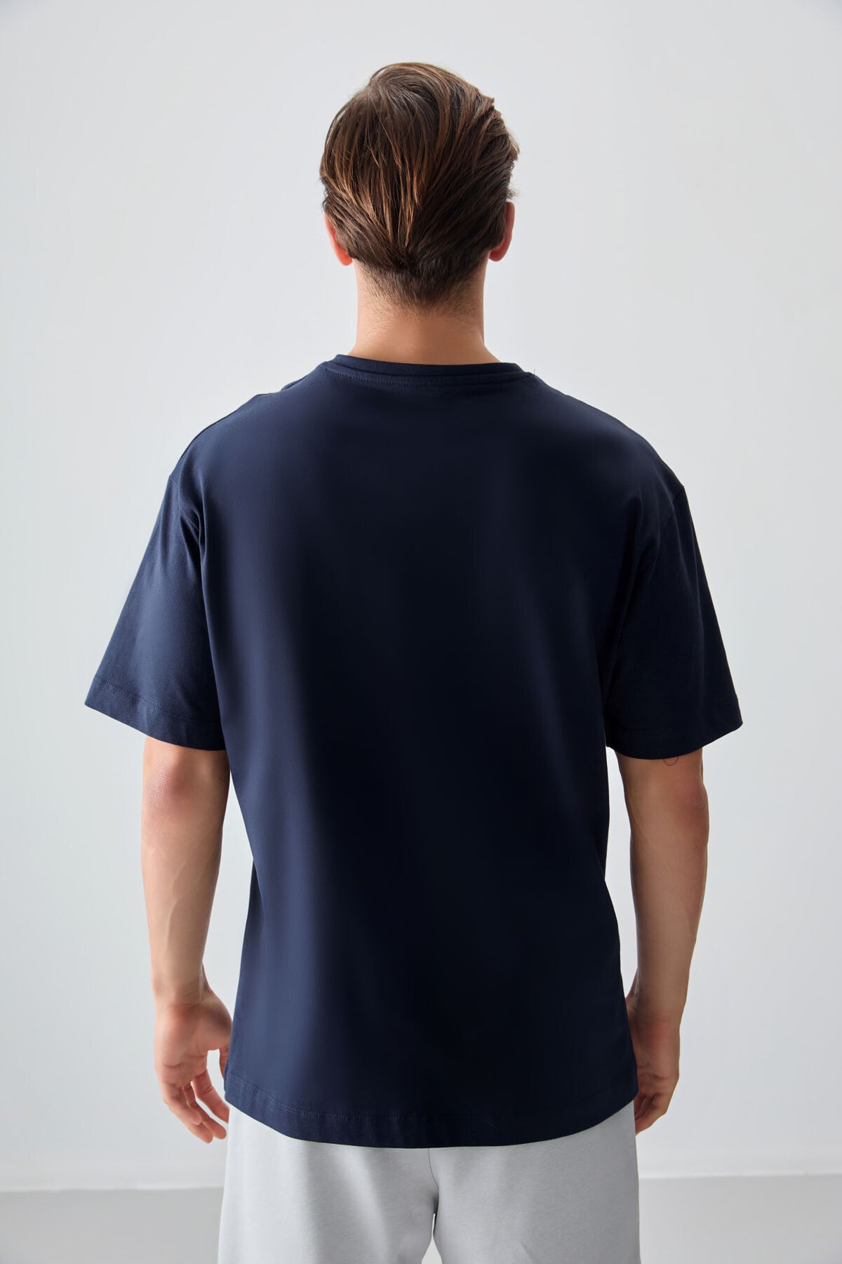 Image of Lacivert %100 Pamuk Kalın Yumuşak Dokulu Oversize Fit Baskılı Erkek T-Shirt - 88355