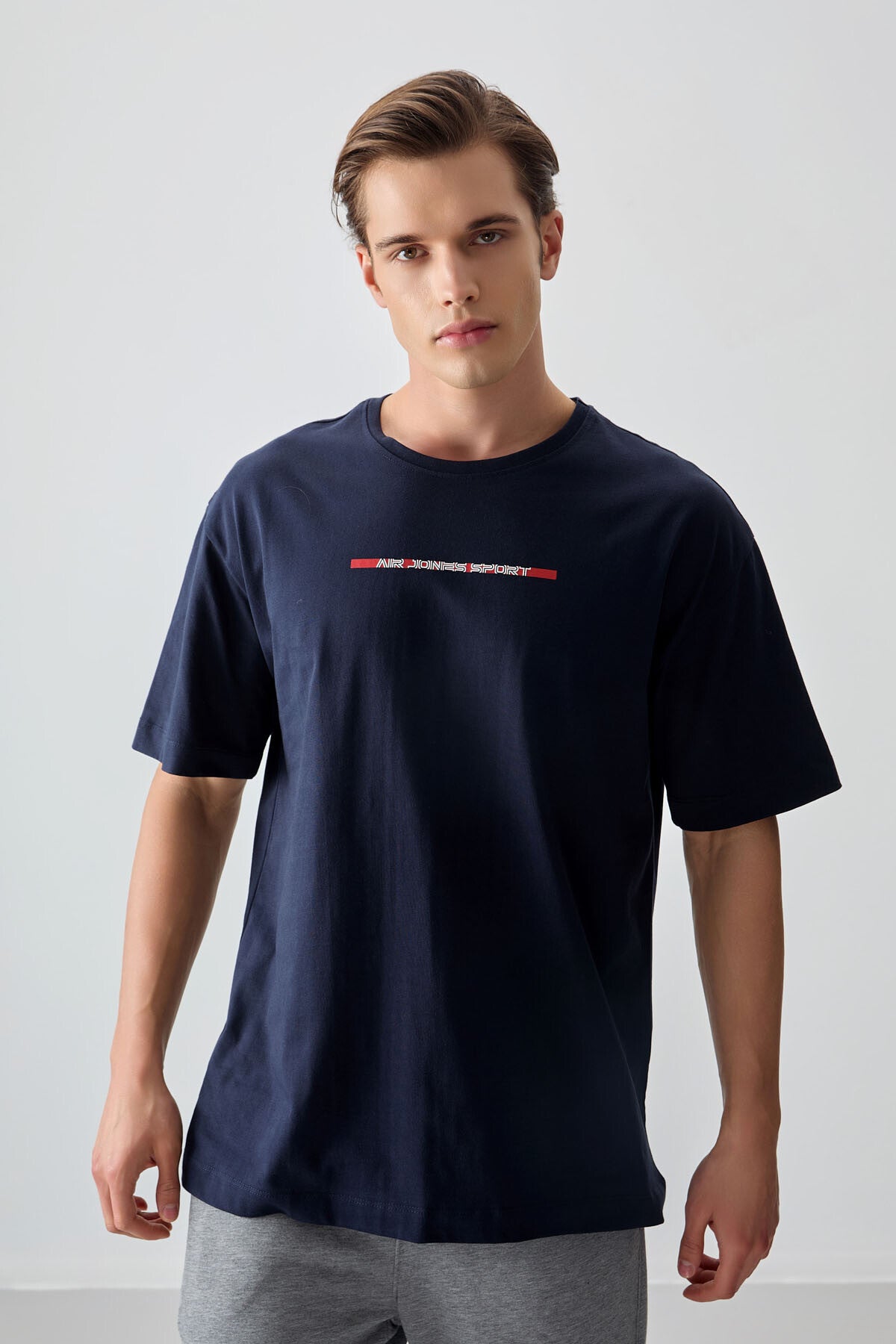 Image of Lacivert %100 Pamuk Kalın Yumuşak Dokulu Oversize Fit Baskılı Erkek T-Shirt - 88358