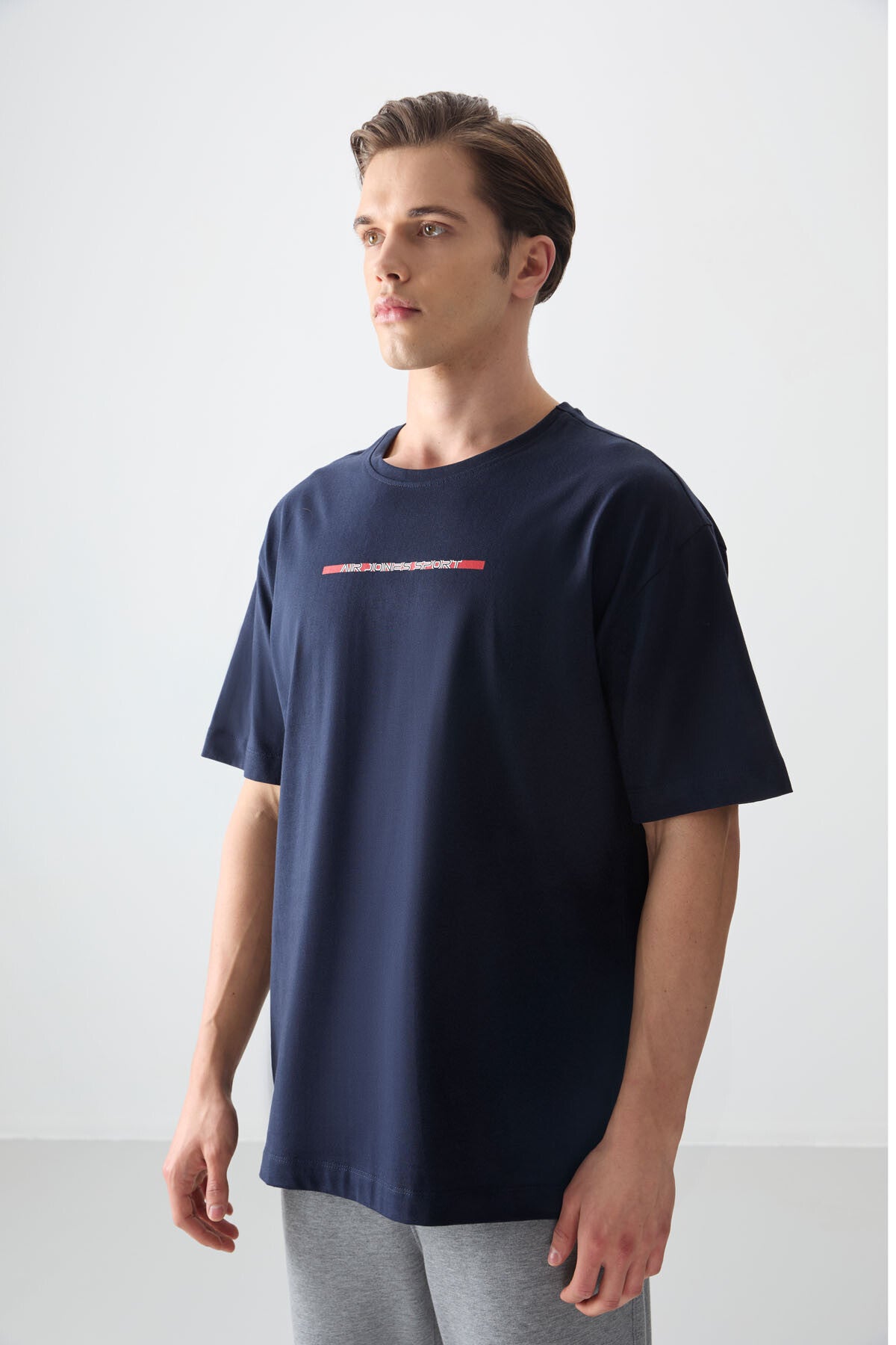Image of Tricou bărbătesc bleumarin, 100% bumbac, gros, texturat, supradimensionat, imprimat - 88358
