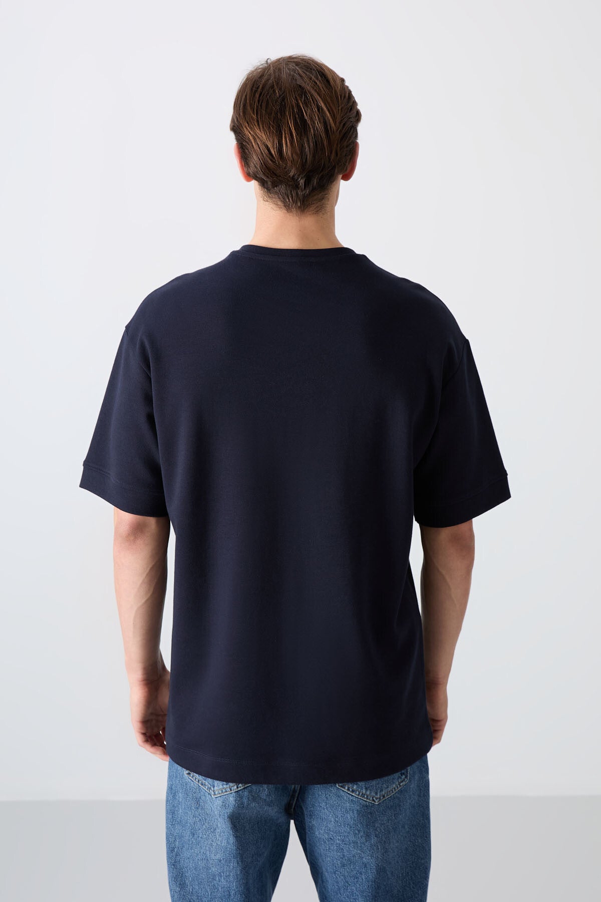 Image of Lacivert Pamuklu Kalın Yumuşak Dokulu Oversize Fit Baskılı Erkek T-Shirt - 88320
