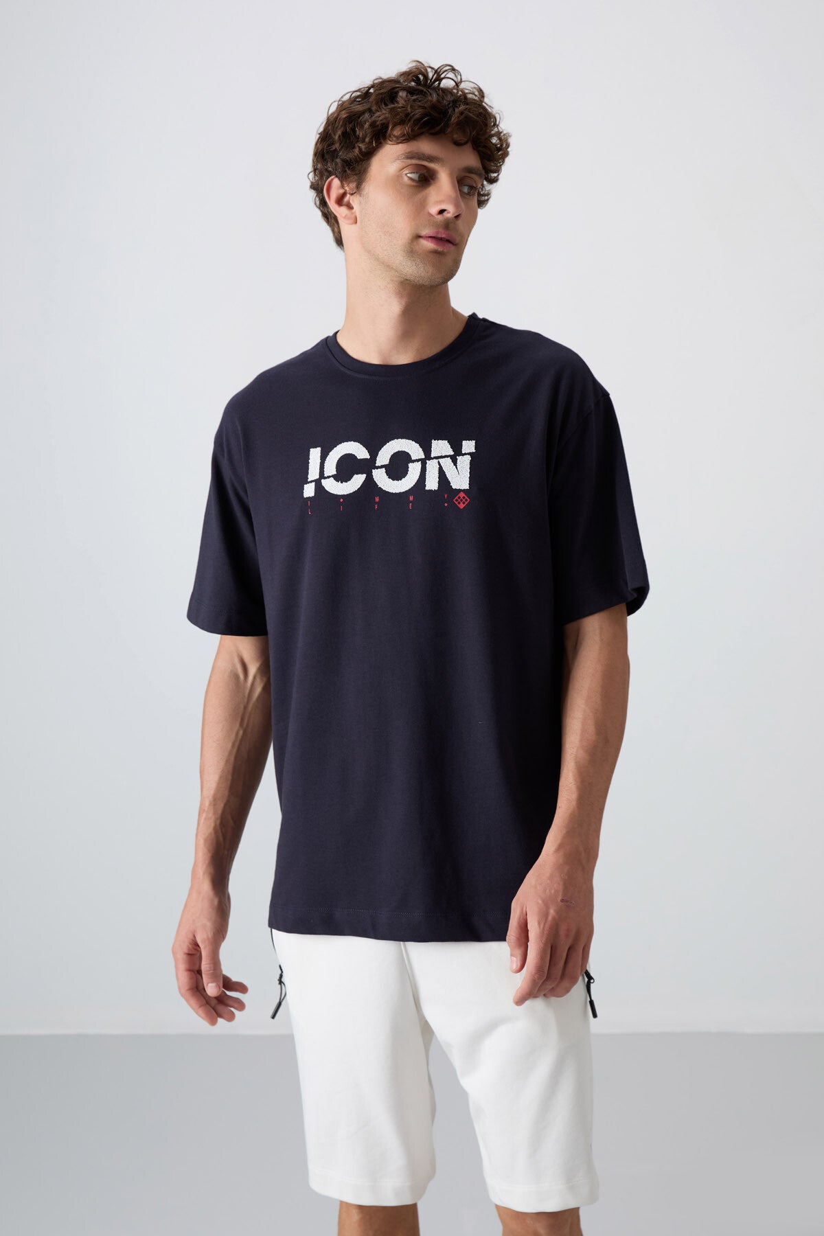 Image of Tricou bărbătesc din bumbac, gros, texturat, croială supradimensionată, imprimat, albastru marin - 88331