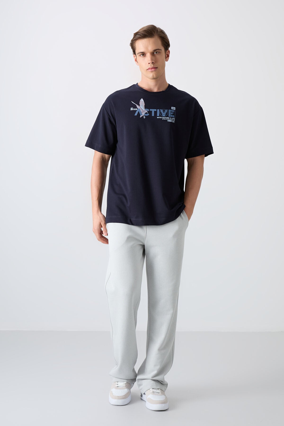 Image of Lacivert Pamuklu Kalın Yumuşak Dokulu Oversize Fit Baskılı Erkek T-Shirt - 88344