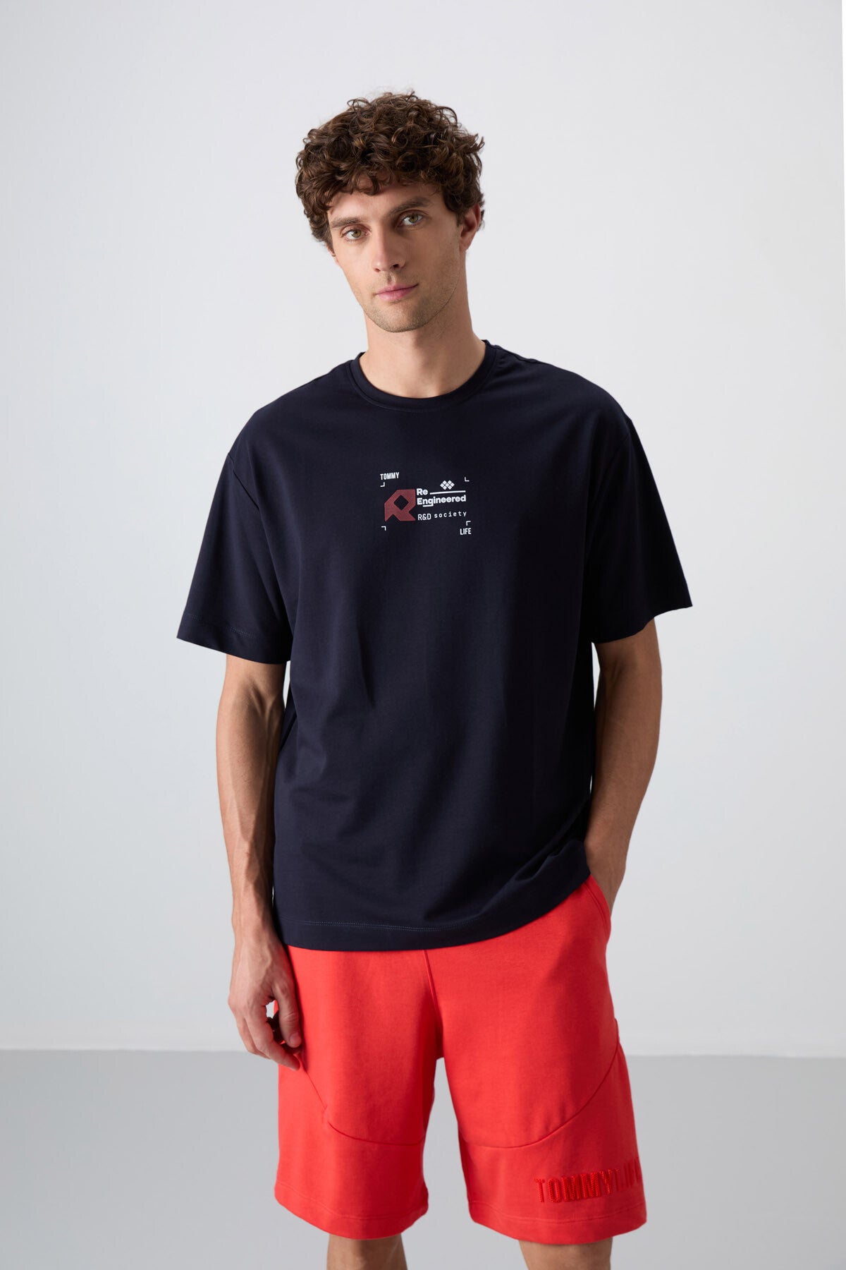 Image of Lacivert Pamuklu Kalın Yumuşak Dokulu Oversize Fit Baskılı Erkek T-Shirt - 88350