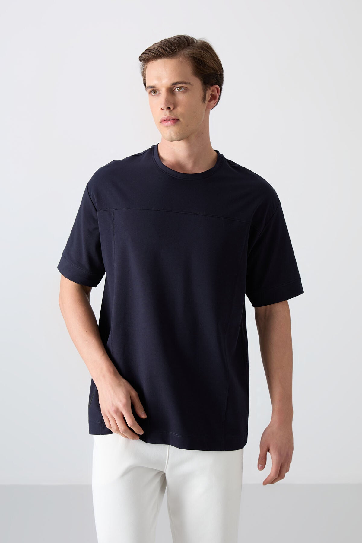 Image of Lacivert Pamuklu Kalın Yumuşak Dokulu Oversize Fit Basic Erkek T-Shirt - 88349