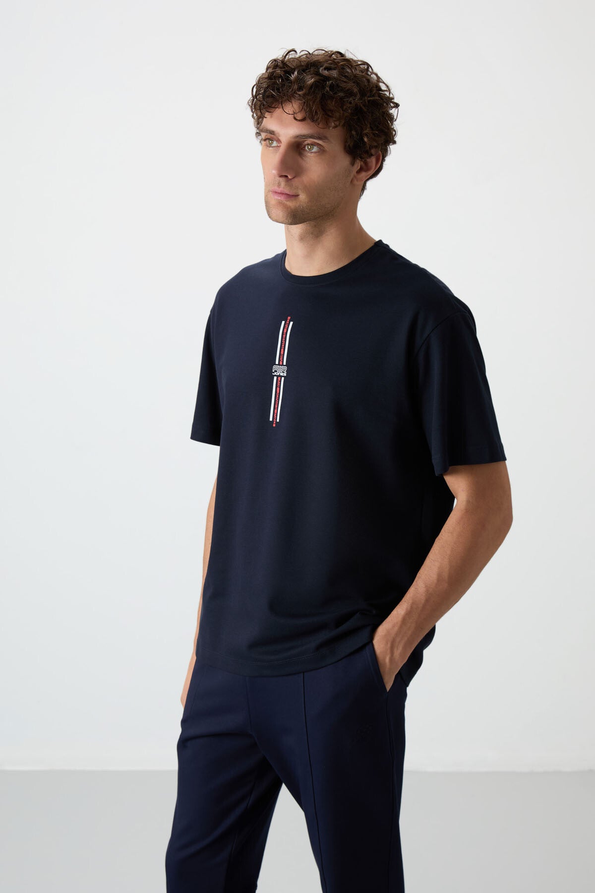 Image of Lacivert Pamuklu Kalın Yüzeyi Dokulu Oversize Fit  Baskılı Erkek T-Shirt - 88366