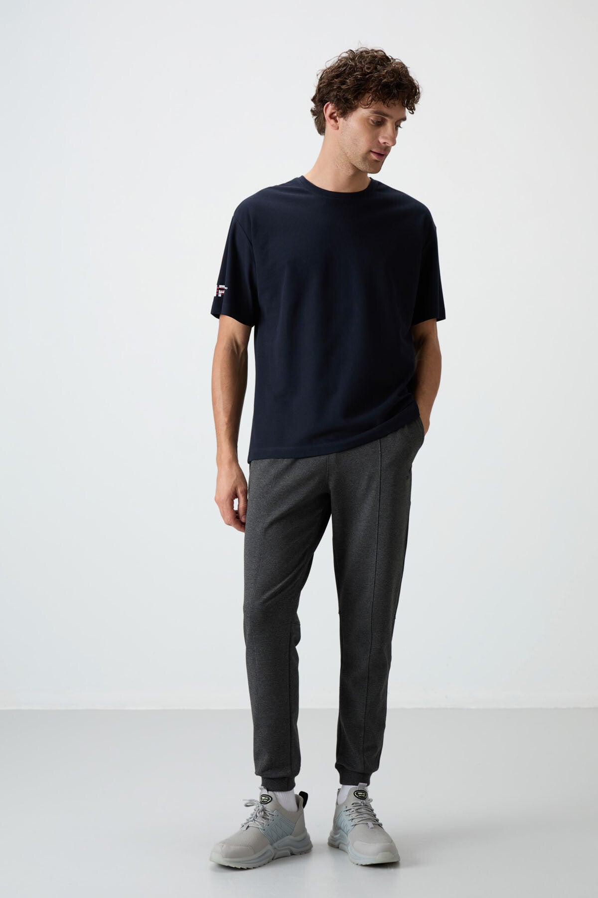 Image of Lacivert Pamuklu Kalın Yüzeyi Dokulu Oversize Fit  Baskılı Erkek T-Shirt - 88369