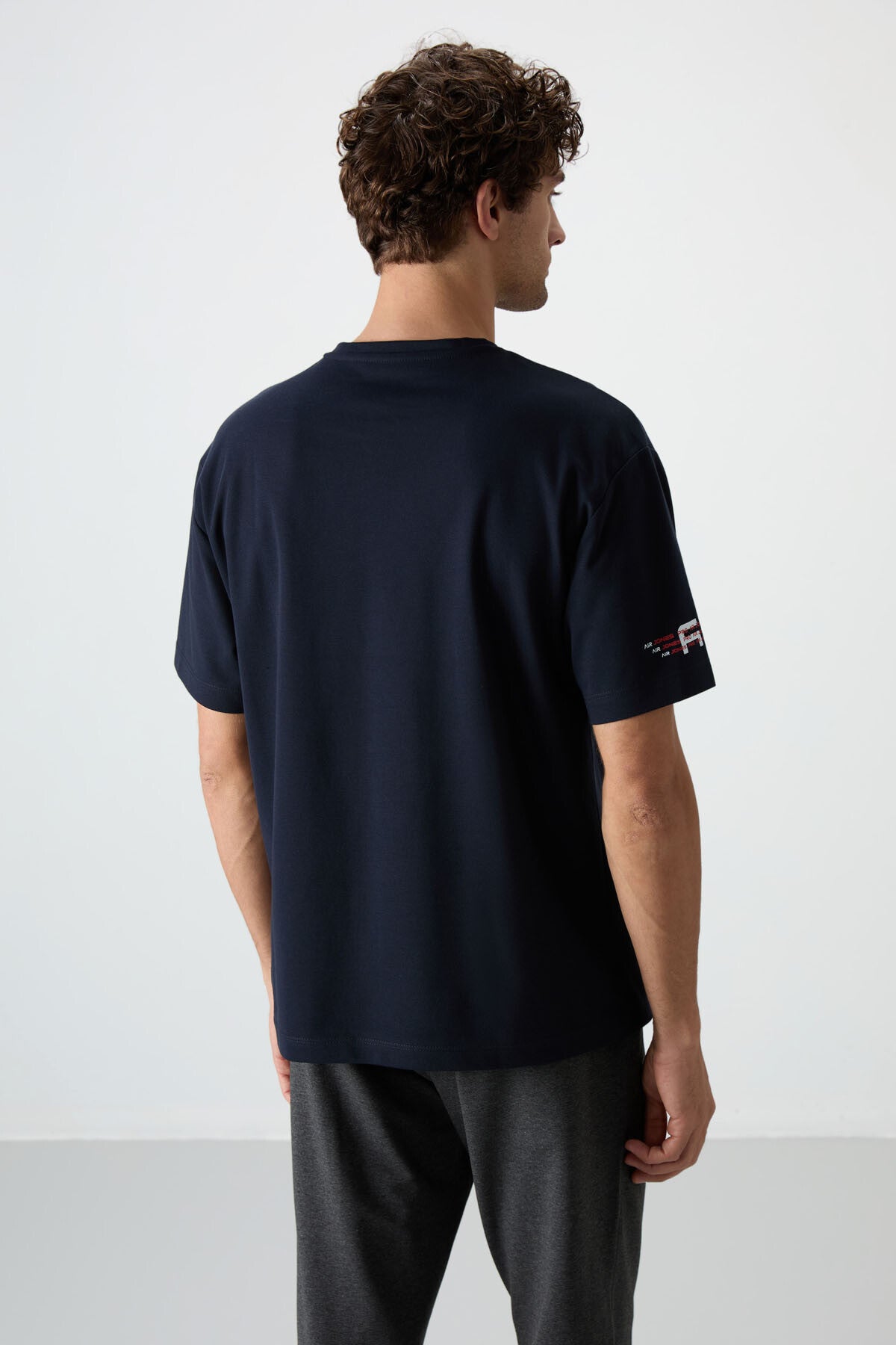 Image of Lacivert Pamuklu Kalın Yüzeyi Dokulu Oversize Fit  Baskılı Erkek T-Shirt - 88369