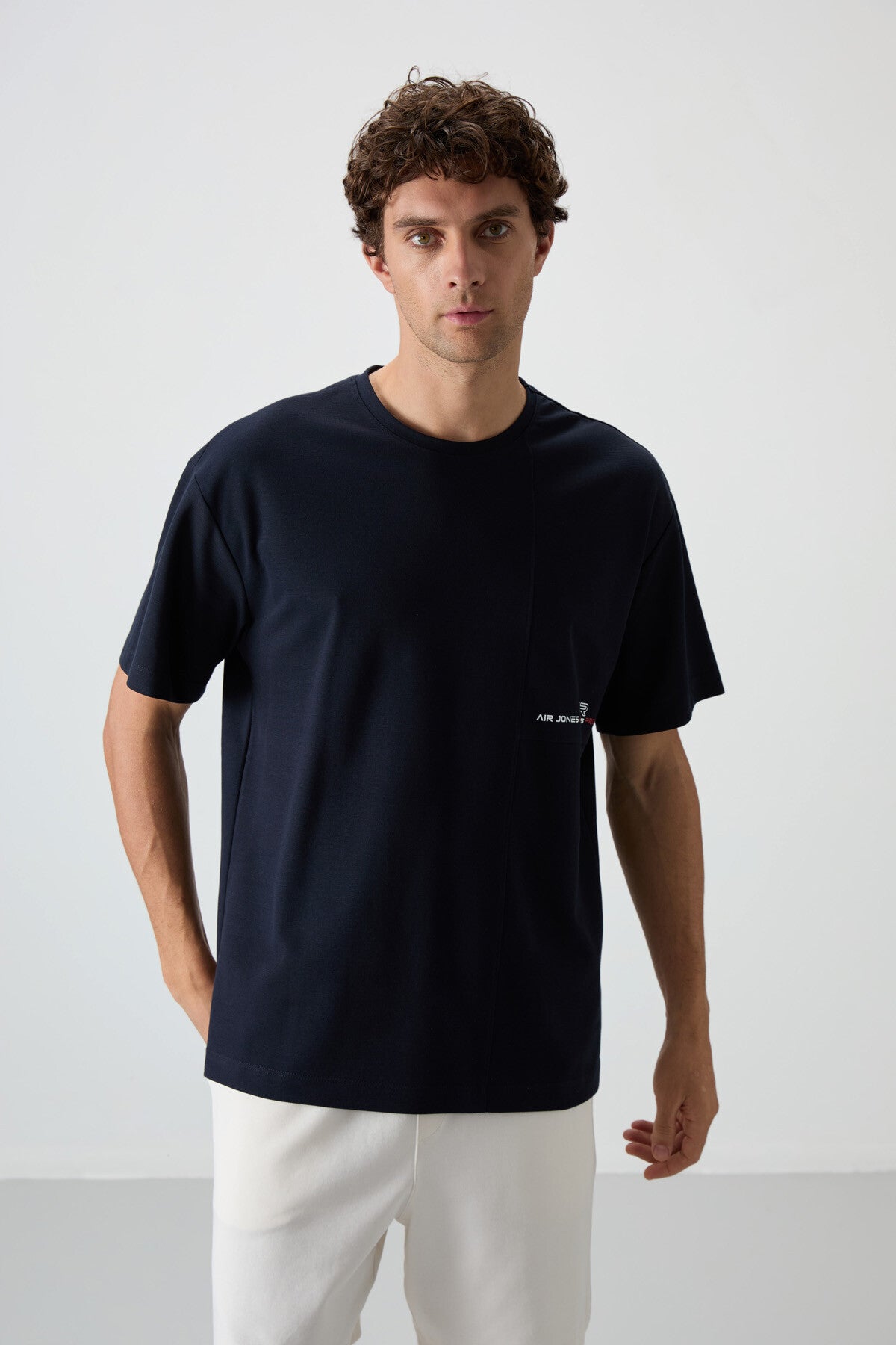 Image of Lacivert Pamuklu Kalın Yüzeyi Dokulu Oversize Fit  Baskılı Erkek T-Shirt - 88370