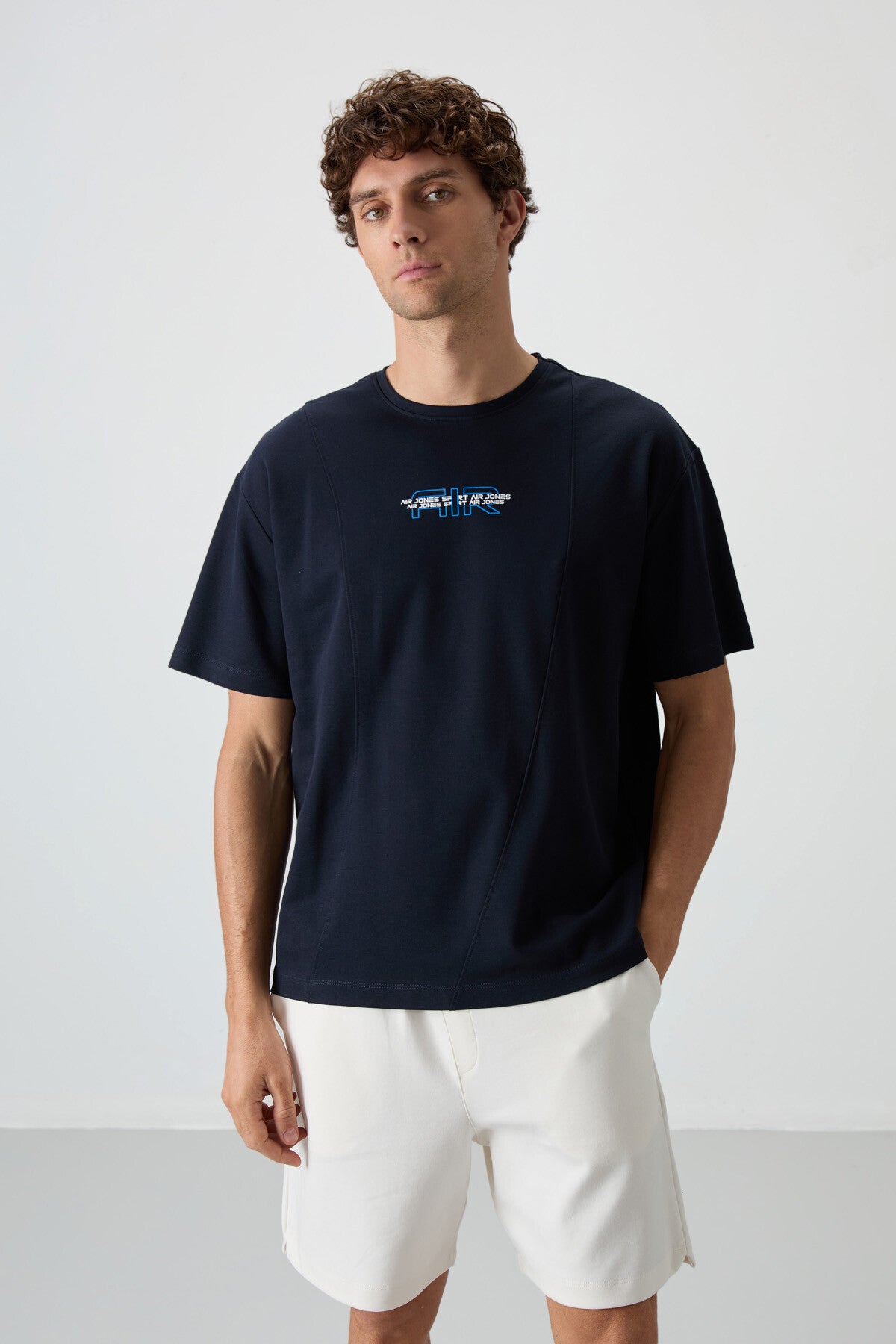 Image of Lacivert Pamuklu Kalın Yüzeyi Dokulu Oversize Fit  Baskılı Erkek T-Shirt - 88372