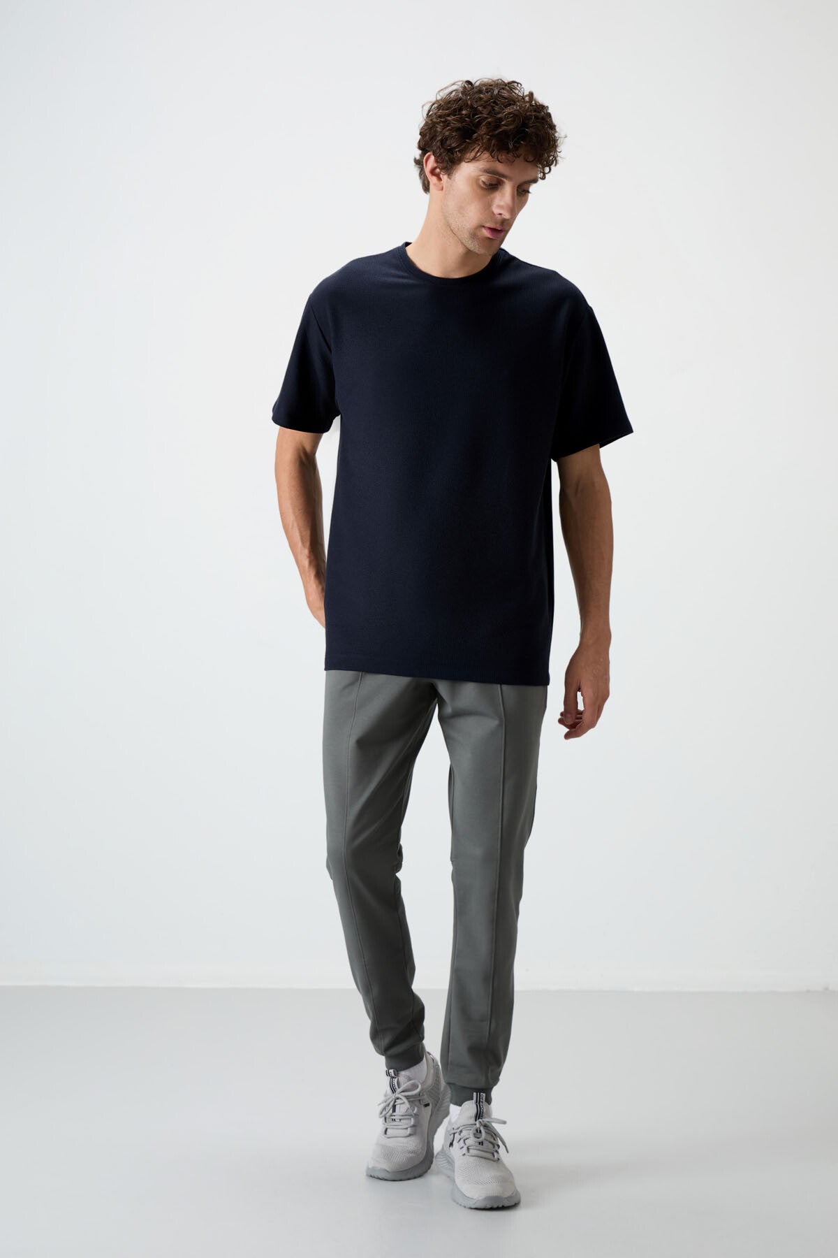 Image of Lacivert Waffle İnterlok Yüzeyi Dokulu Oversize Fit Basic Erkek T-Shirt - 88379