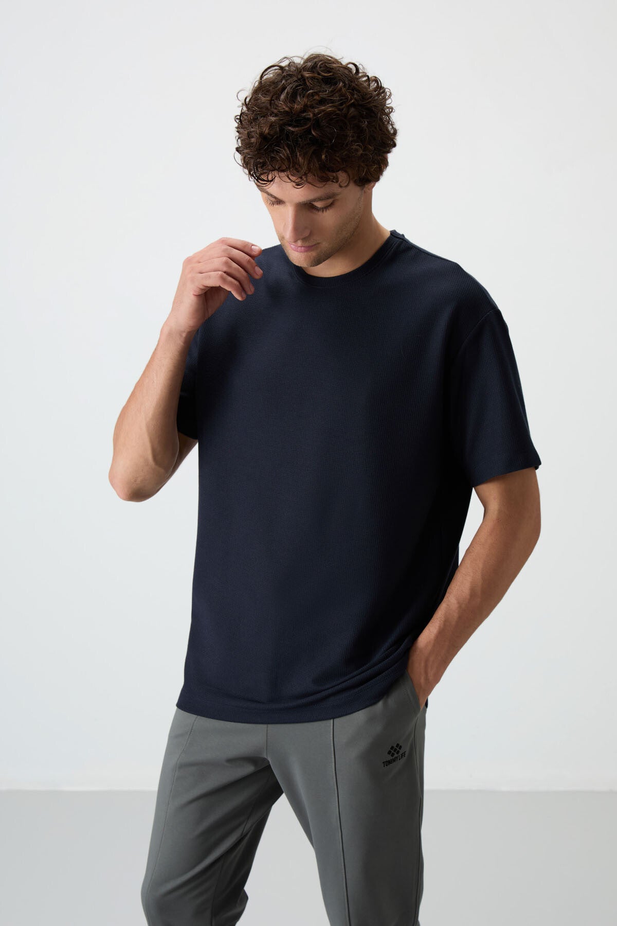 Image of Lacivert Waffle İnterlok Yüzeyi Dokulu Oversize Fit Basic Erkek T-Shirt - 88379