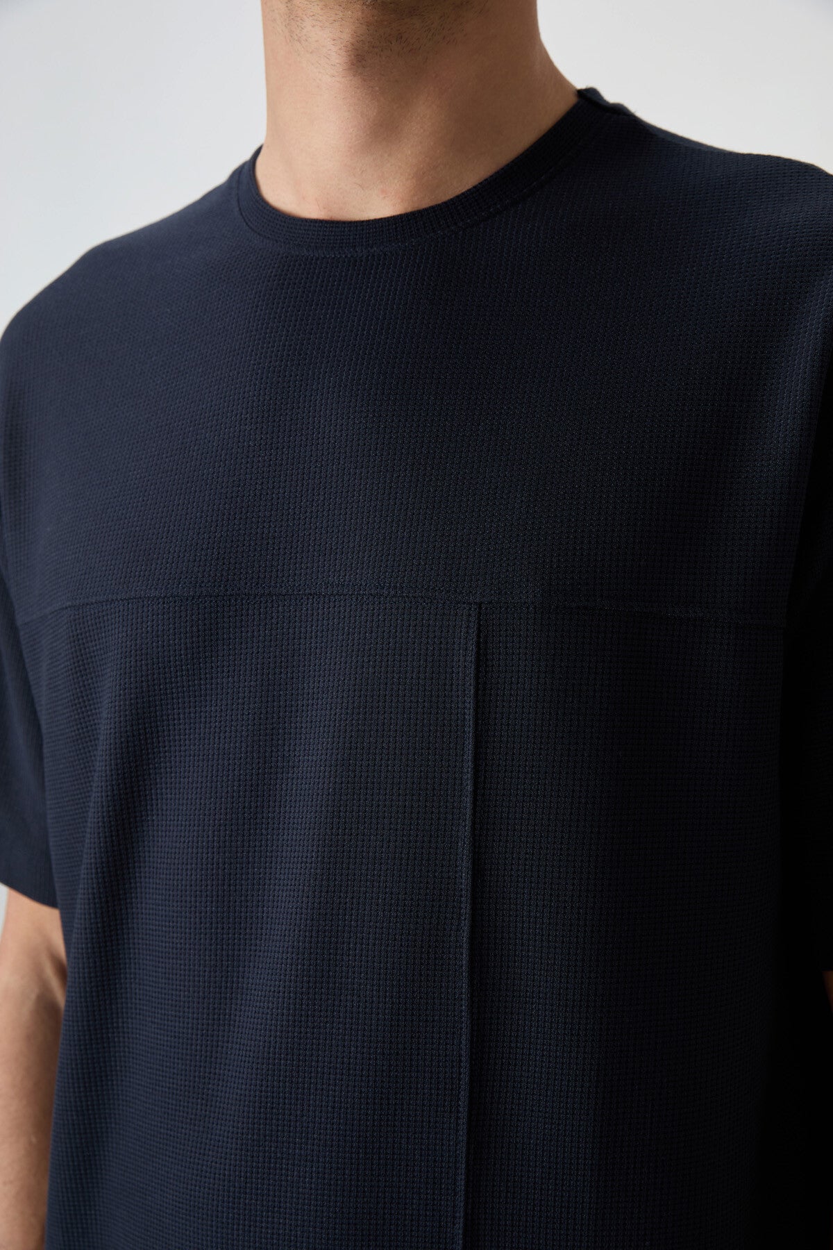 Image of Lacivert Waffle İnterlok Yüzeyi Dokulu Oversize Fit Basic Erkek T-Shirt - 88380