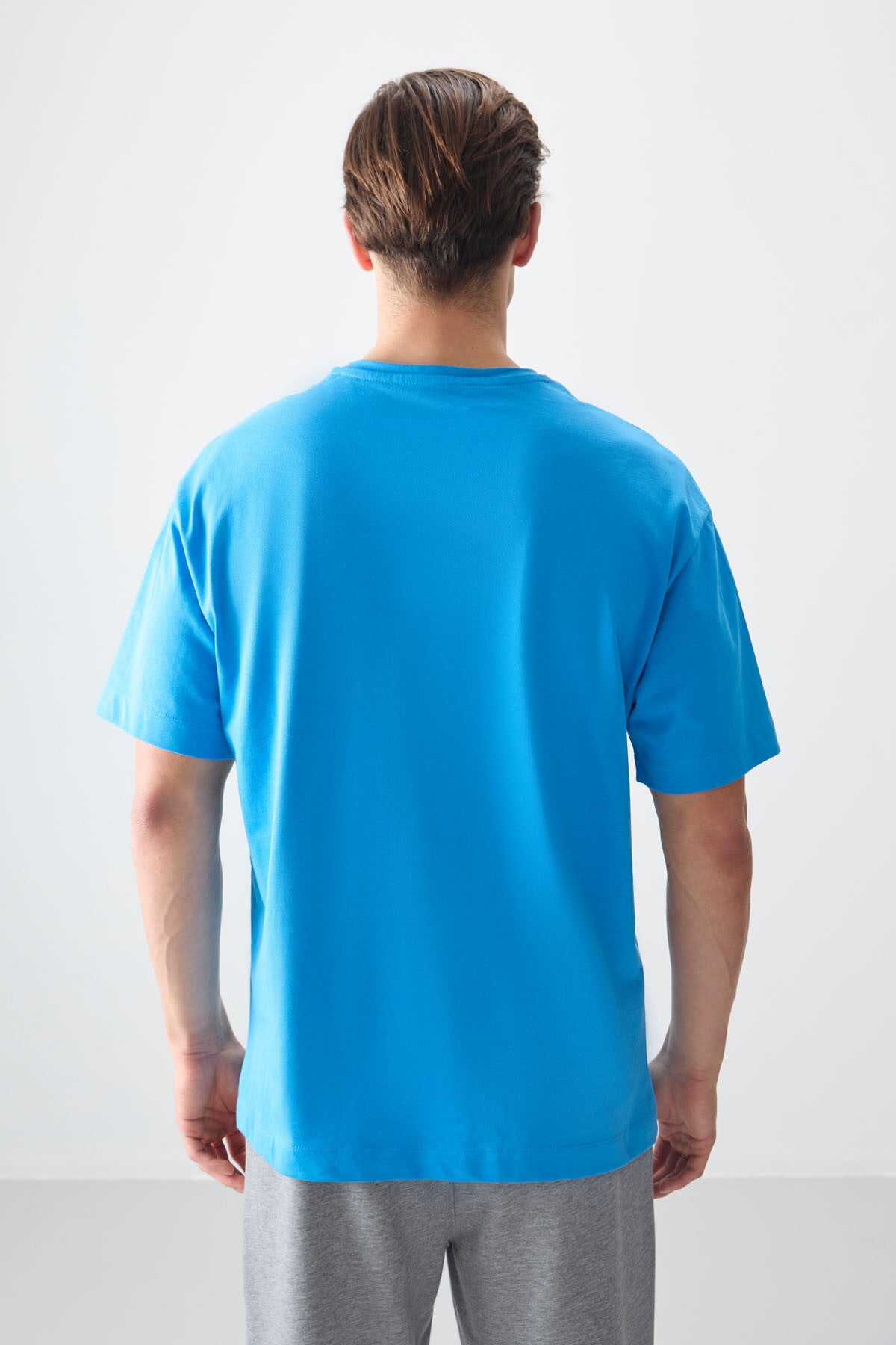 Image of Petrol Mavi %100 Pamuk Kalın Yumuşak Dokulu Oversize Fit Basic Erkek T-Shirt - 88353