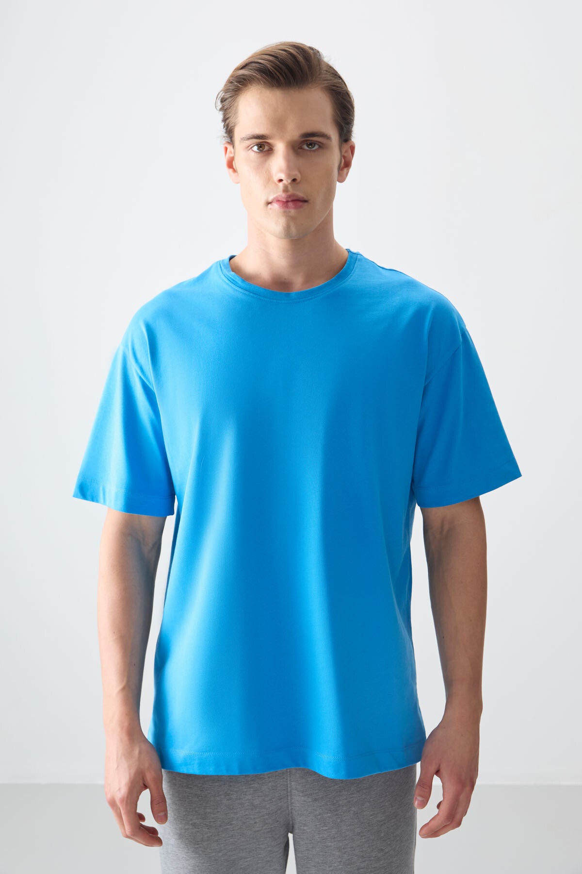 Image of Petrol Mavi %100 Pamuk Kalın Yumuşak Dokulu Oversize Fit Basic Erkek T-Shirt - 88353