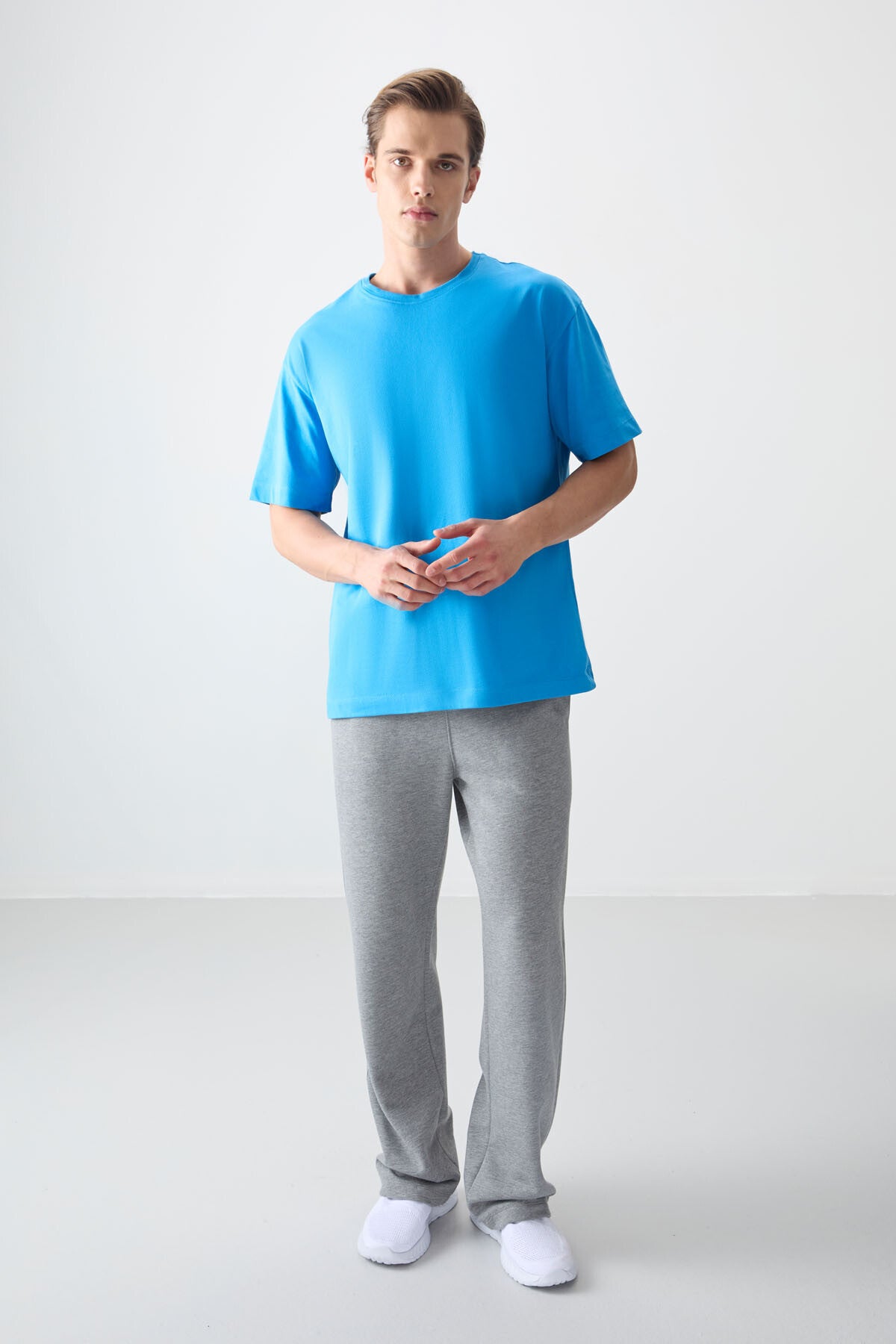 Image of Petrol Mavi %100 Pamuk Kalın Yumuşak Dokulu Oversize Fit Basic Erkek T-Shirt - 88353