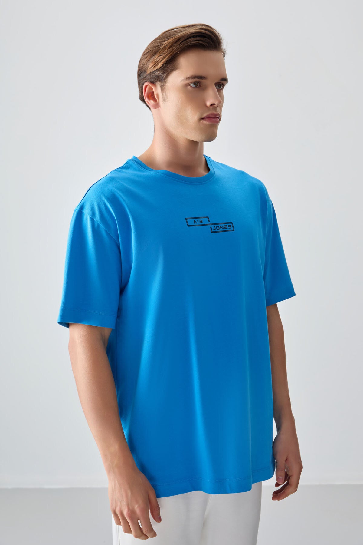 Image of Petrol Mavi %100 Pamuk Kalın Yumuşak Dokulu Oversize Fit Baskılı Erkek T-Shirt - 88361