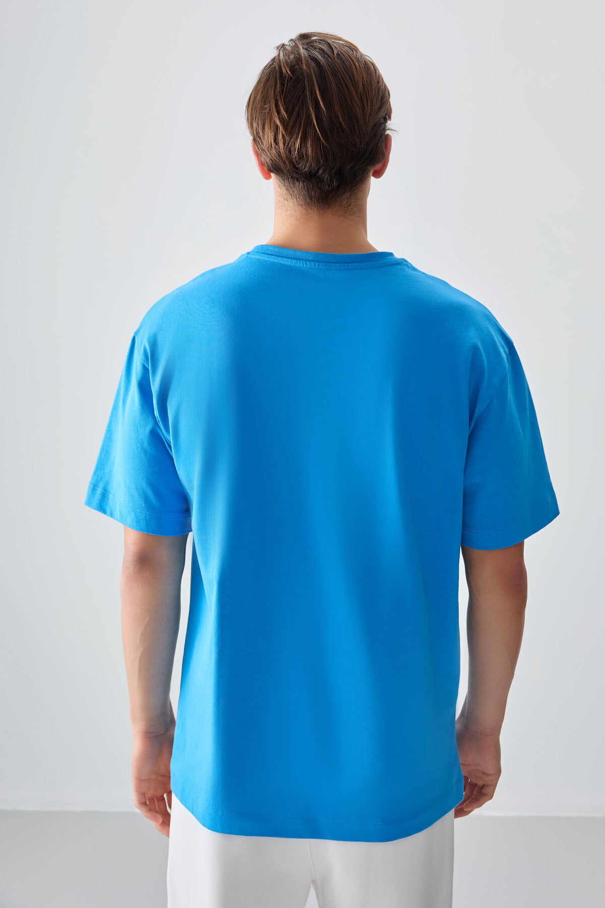 Image of Petrol Mavi %100 Pamuk Kalın Yumuşak Dokulu Oversize Fit Baskılı Erkek T-Shirt - 88361