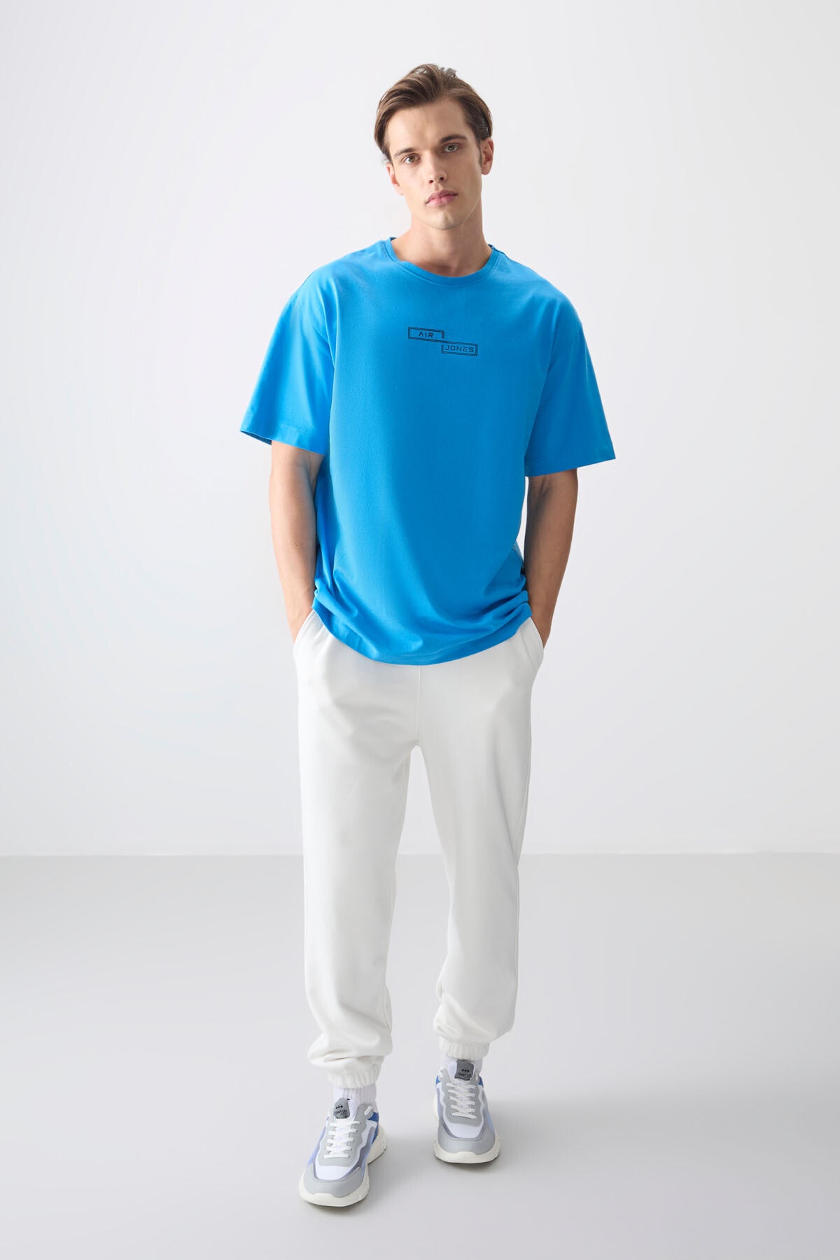 Image of Petrol Mavi %100 Pamuk Kalın Yumuşak Dokulu Oversize Fit Baskılı Erkek T-Shirt - 88361